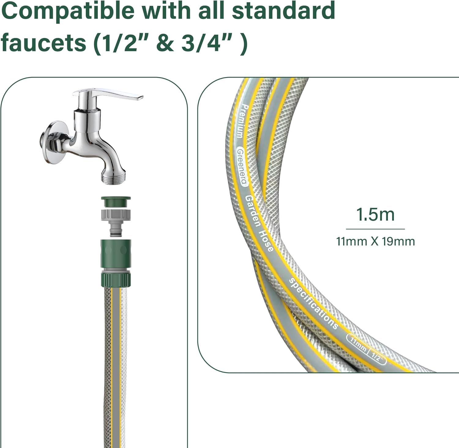 1.5m Short Hose Pipe 11mm Universal Connection Kit 3/4'' Male Threaded Adapter