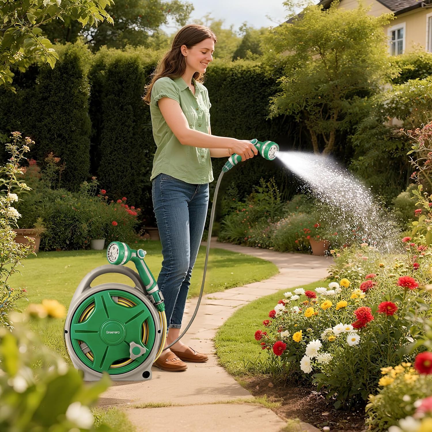 20m Garden Hose Reel Compact Portable Adjustable Spray Gun Nozzles Retractable