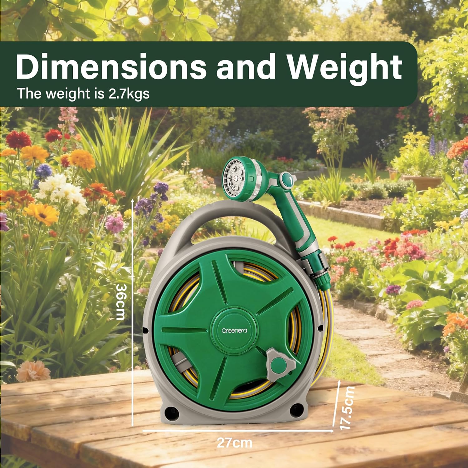 20m Garden Hose Reel Compact Portable Adjustable Spray Gun Nozzles Retractable