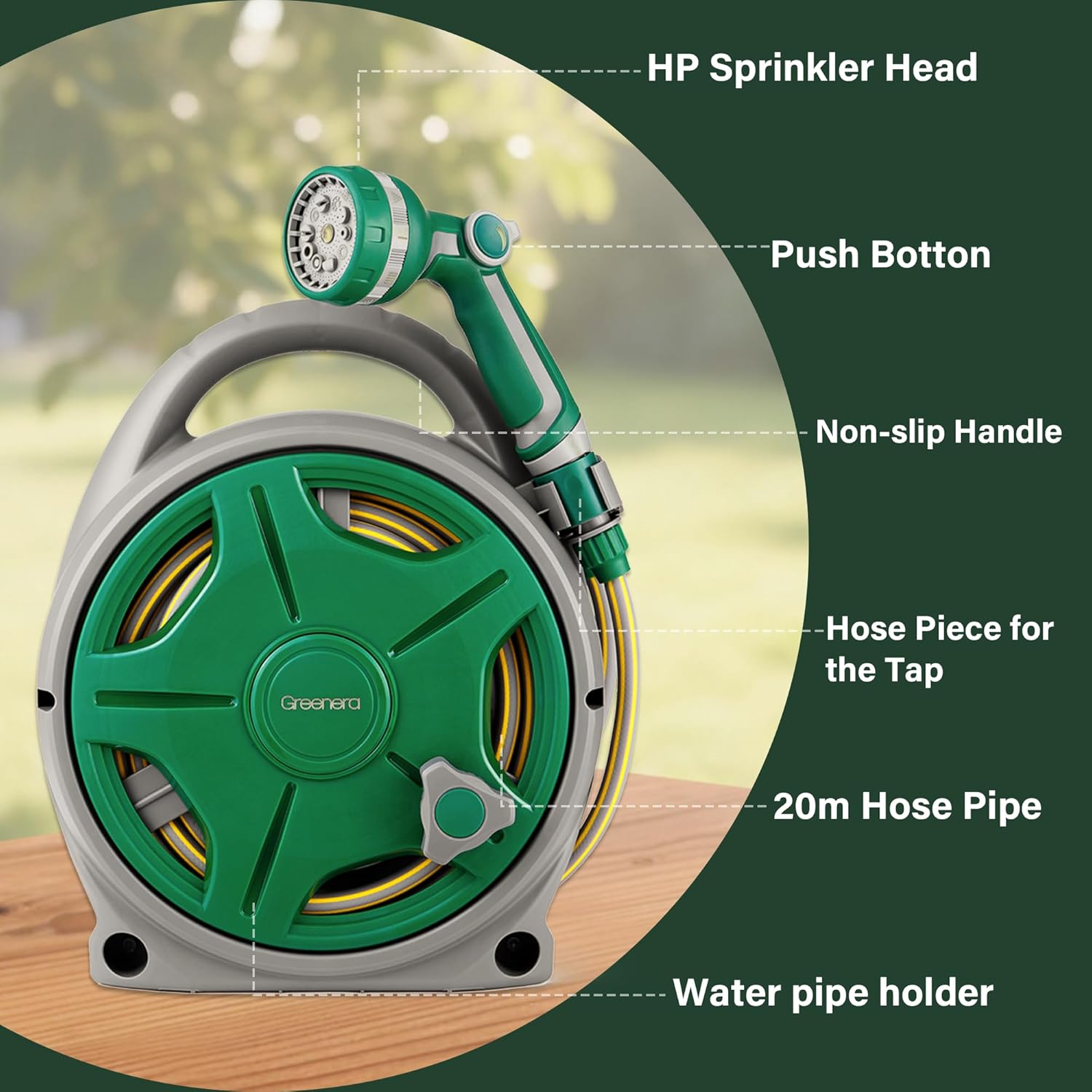 20m Garden Hose Reel Compact Portable Adjustable Spray Gun Nozzles Retractable