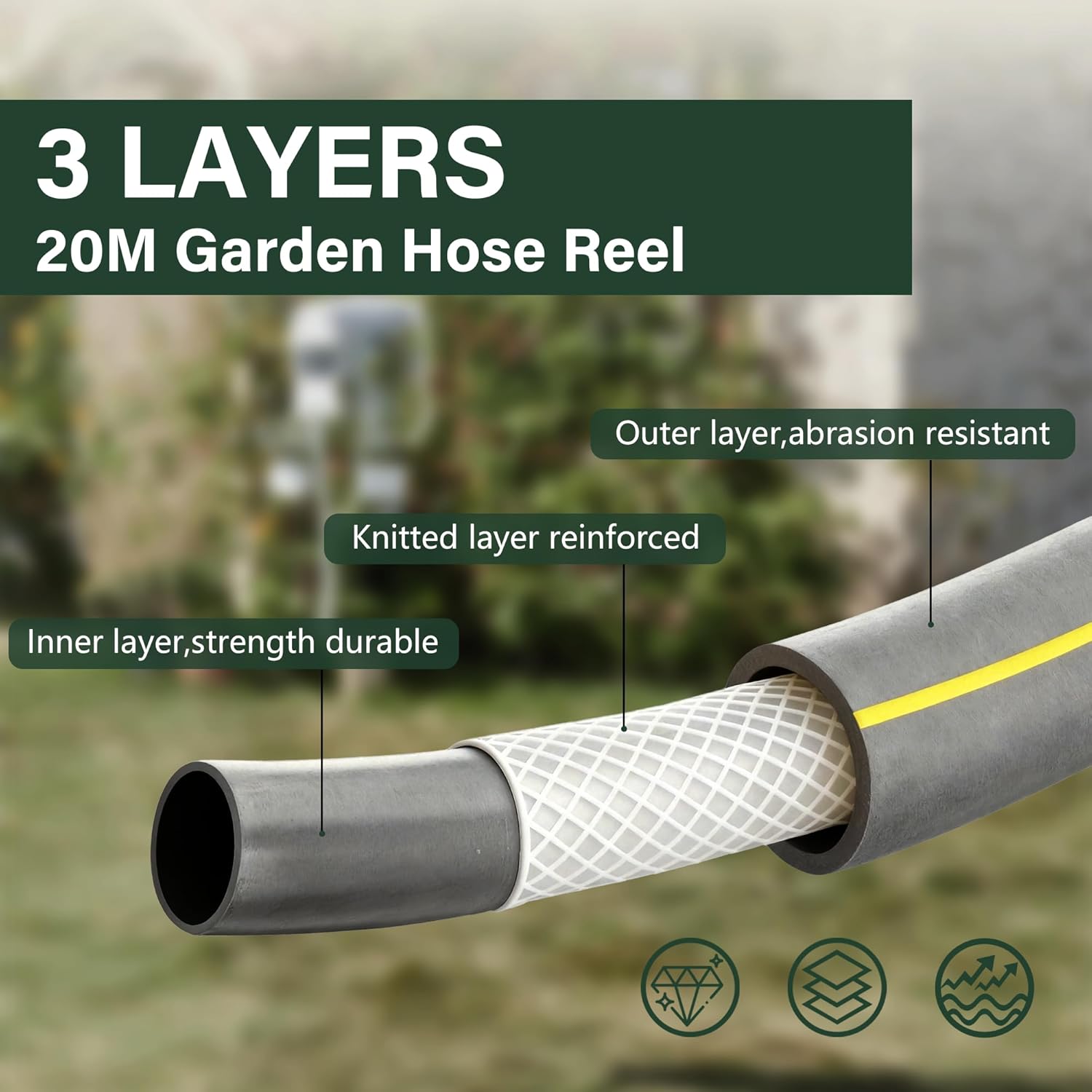 20m Garden Hose Reel Compact Portable Adjustable Spray Gun Nozzles Retractable