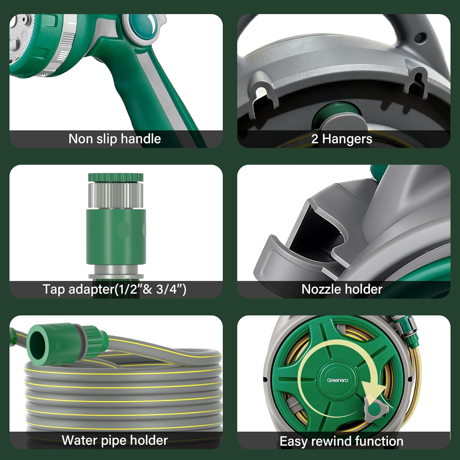 20m Garden Hose Reel Compact Portable Adjustable Spray Gun Nozzles Retractable