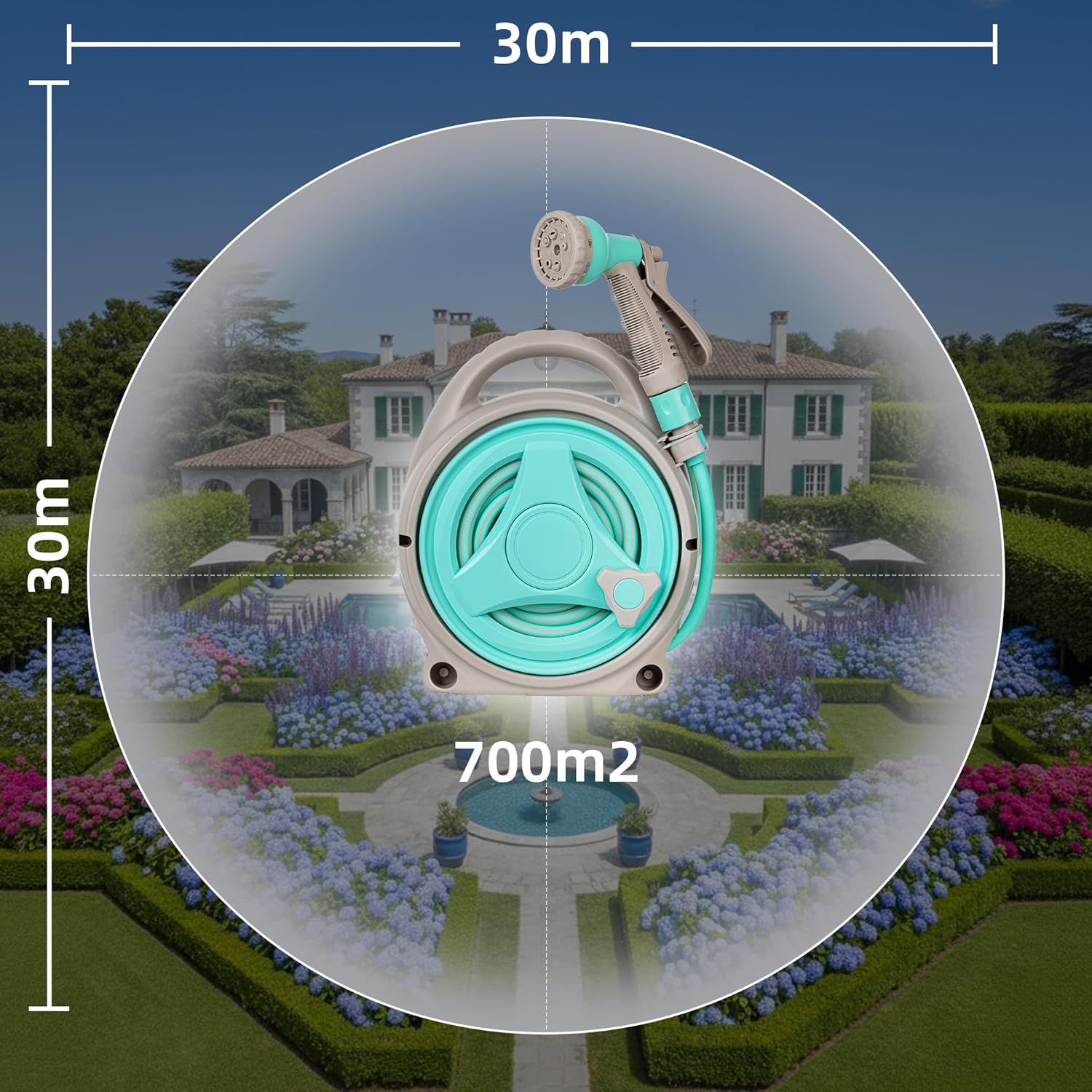 15M Garden Hose Reel 13m Water Pipe 2m Leader 8 Adjustable Spray Gun Nozzles
