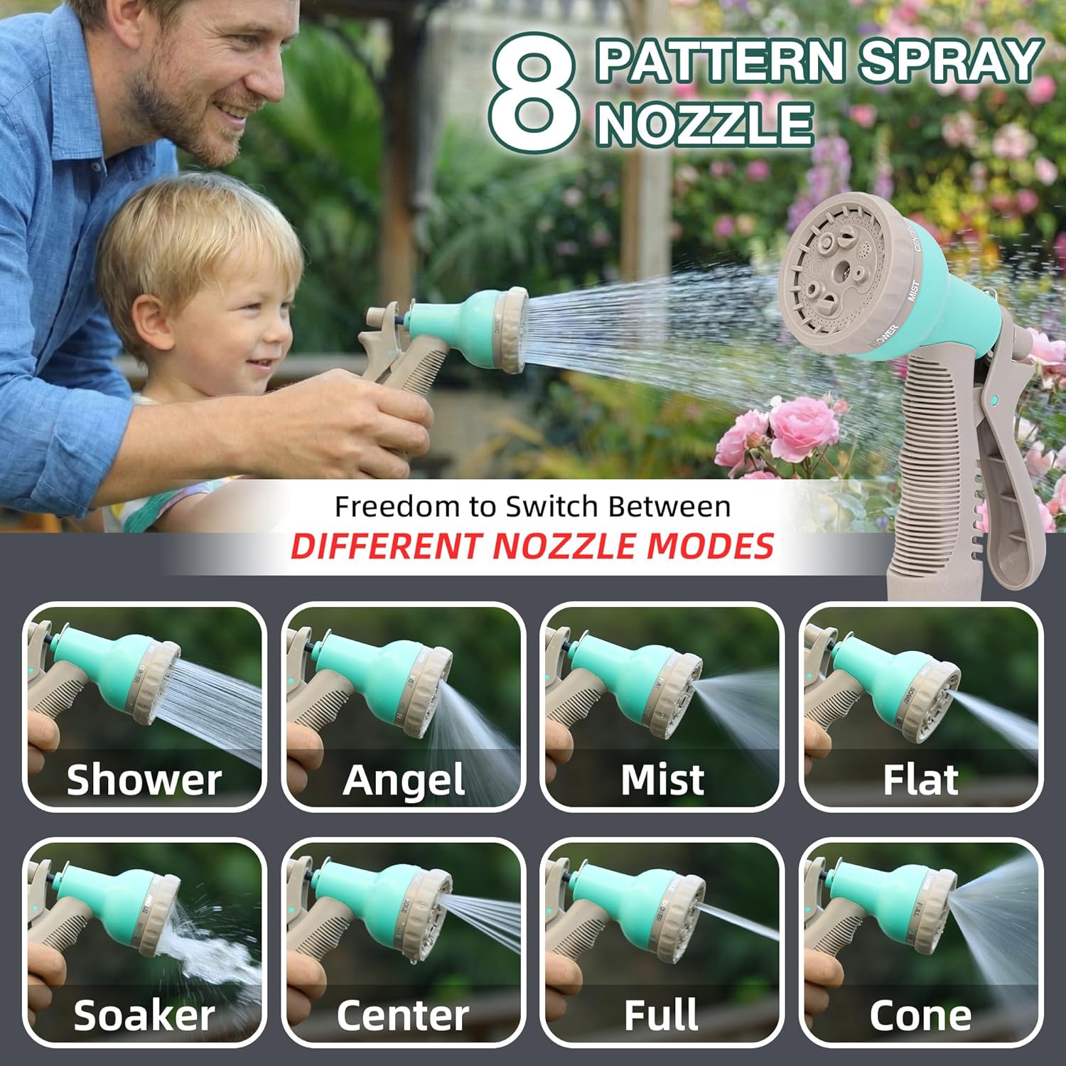 15M Garden Hose Reel 13m Water Pipe 2m Leader 8 Adjustable Spray Gun Nozzles