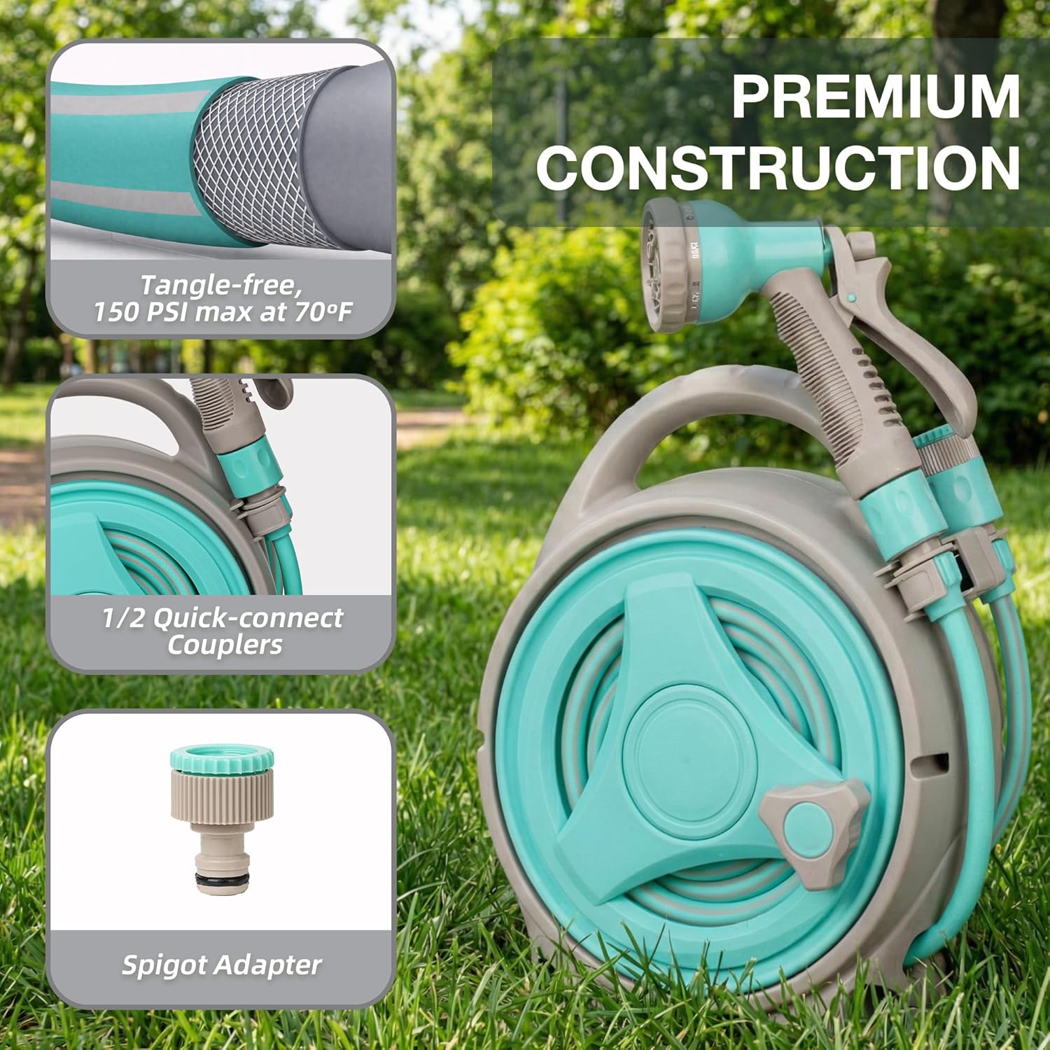 15M Garden Hose Reel 13m Water Pipe 2m Leader 8 Adjustable Spray Gun Nozzles