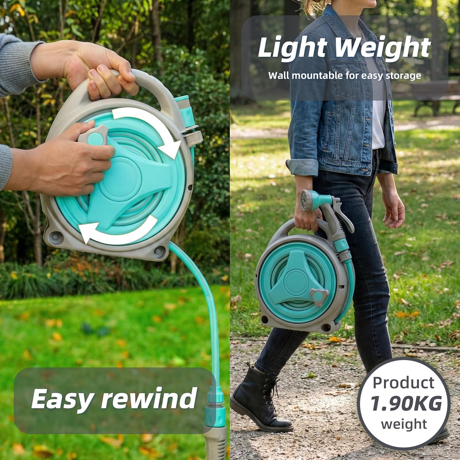 15M Garden Hose Reel 13m Water Pipe 2m Leader 8 Adjustable Spray Gun Nozzles