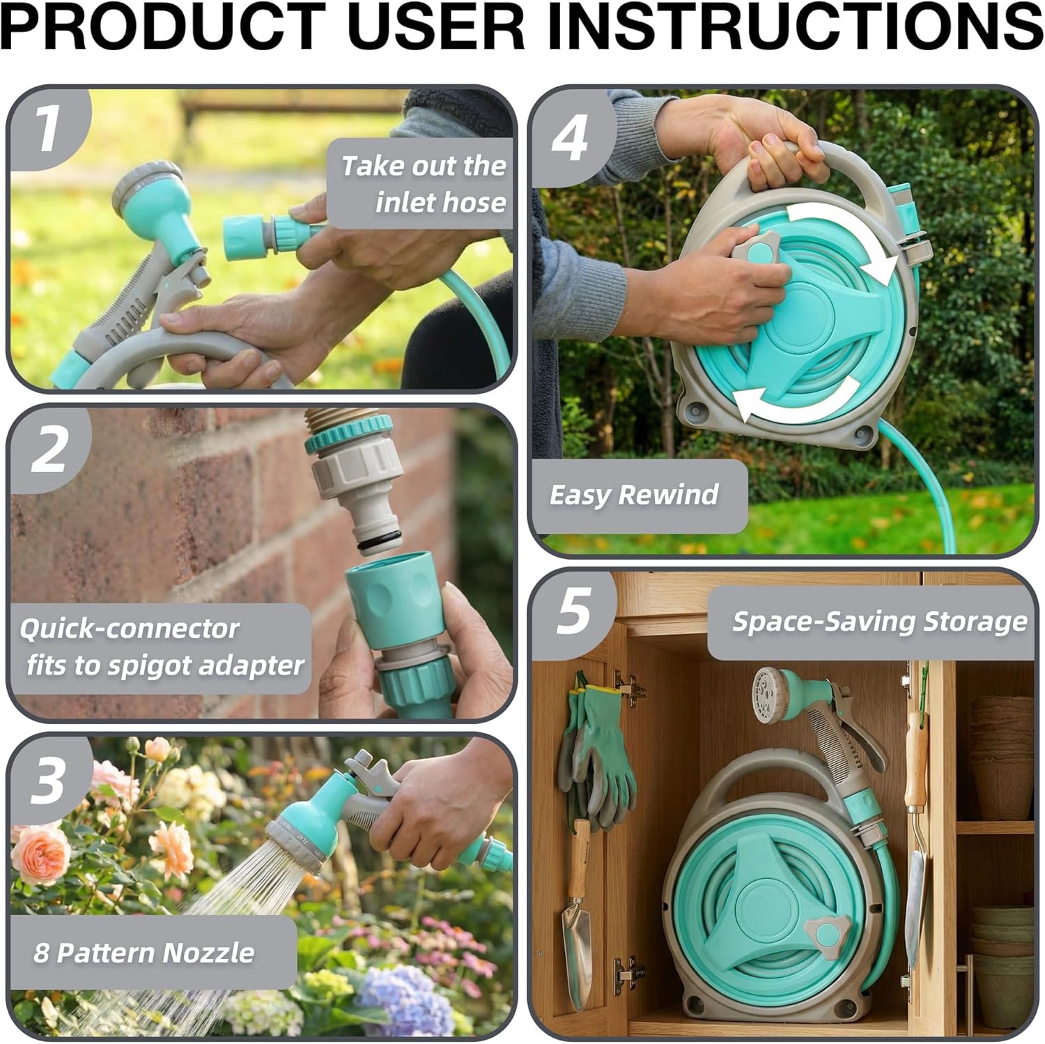 15M Garden Hose Reel 13m Water Pipe 2m Leader 8 Adjustable Spray Gun Nozzles