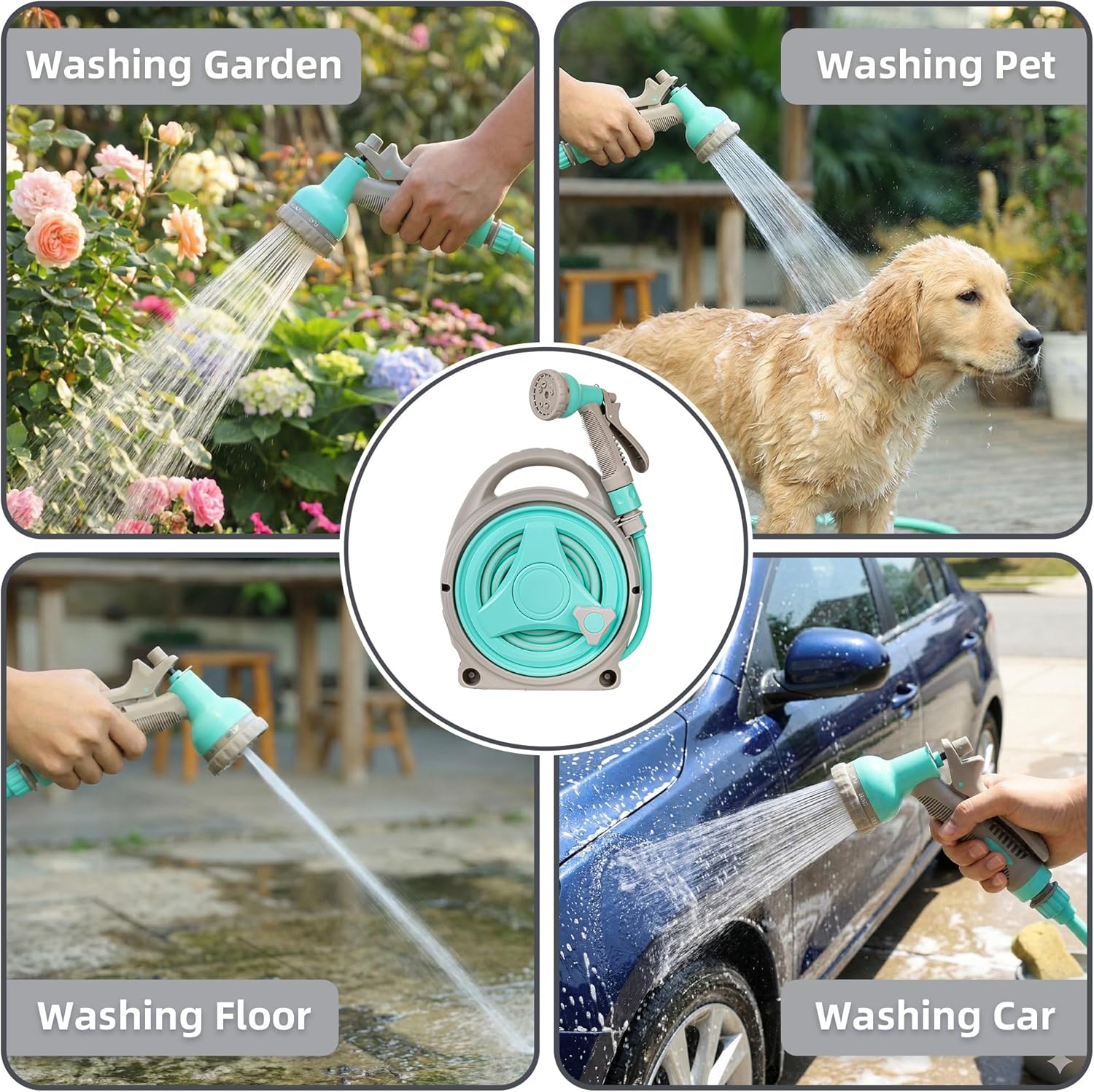 15M Garden Hose Reel 13m Water Pipe 2m Leader 8 Adjustable Spray Gun Nozzles