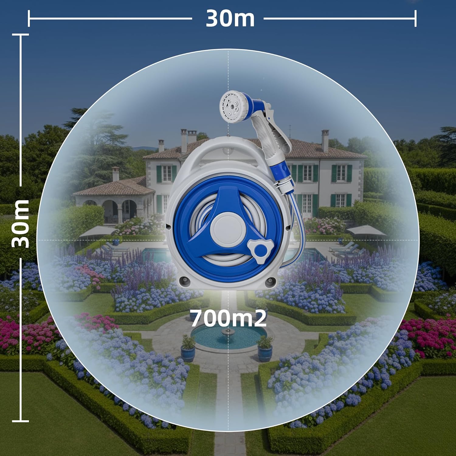 15M Garden Hose Reel 13m Water Pipe 2m Leader 8 Adjustable Spray Gun Nozzles