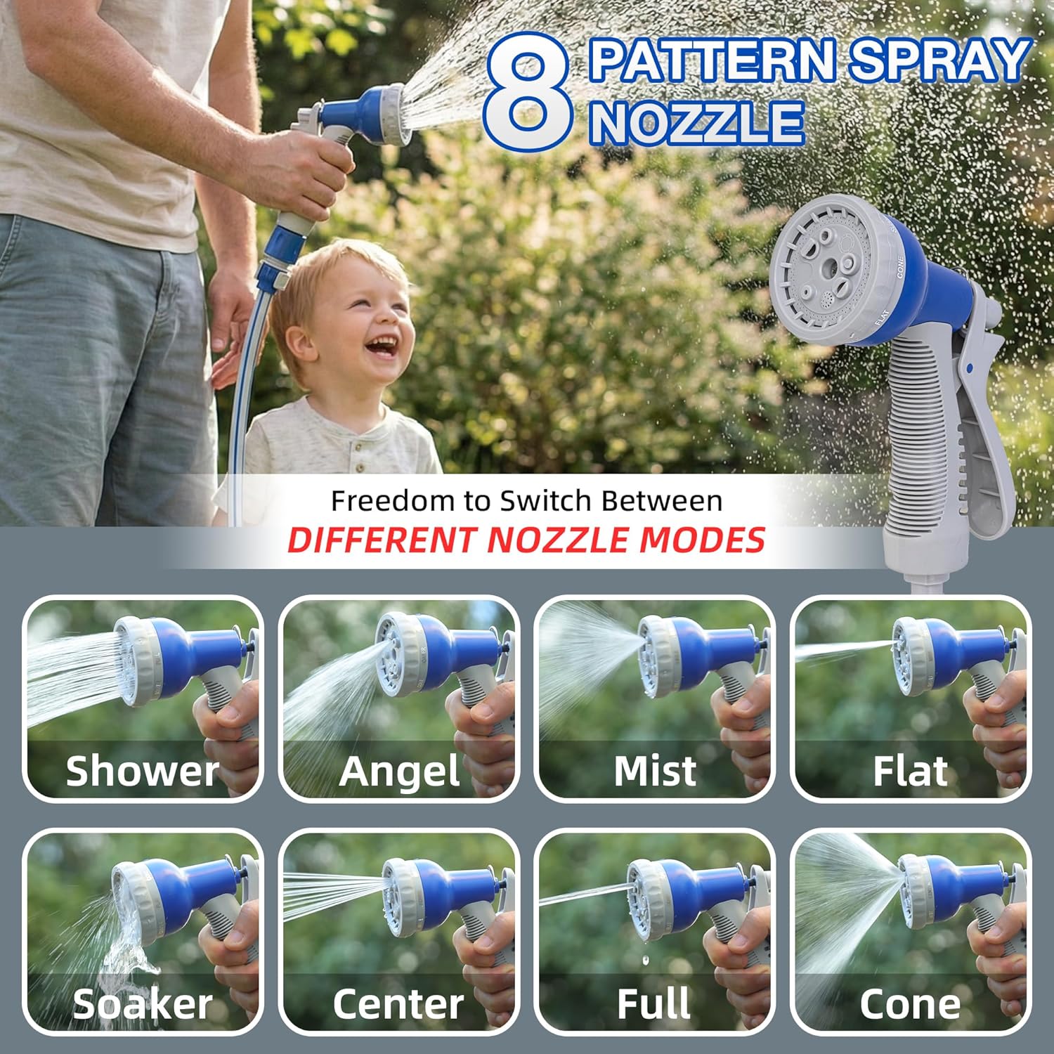 15M Garden Hose Reel 13m Water Pipe 2m Leader 8 Adjustable Spray Gun Nozzles