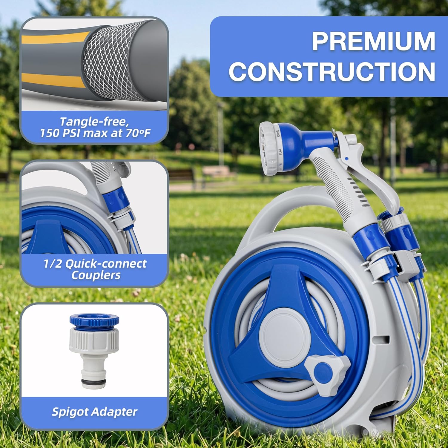 15M Garden Hose Reel 13m Water Pipe 2m Leader 8 Adjustable Spray Gun Nozzles