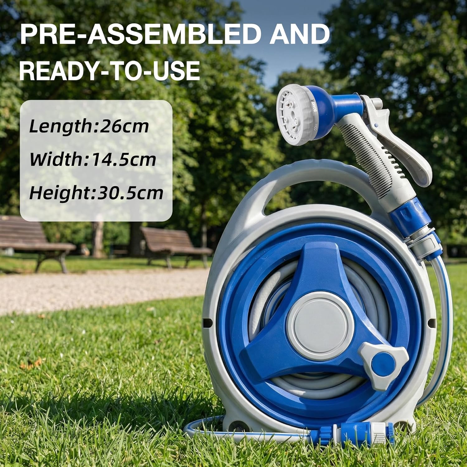 15M Garden Hose Reel 13m Water Pipe 2m Leader 8 Adjustable Spray Gun Nozzles