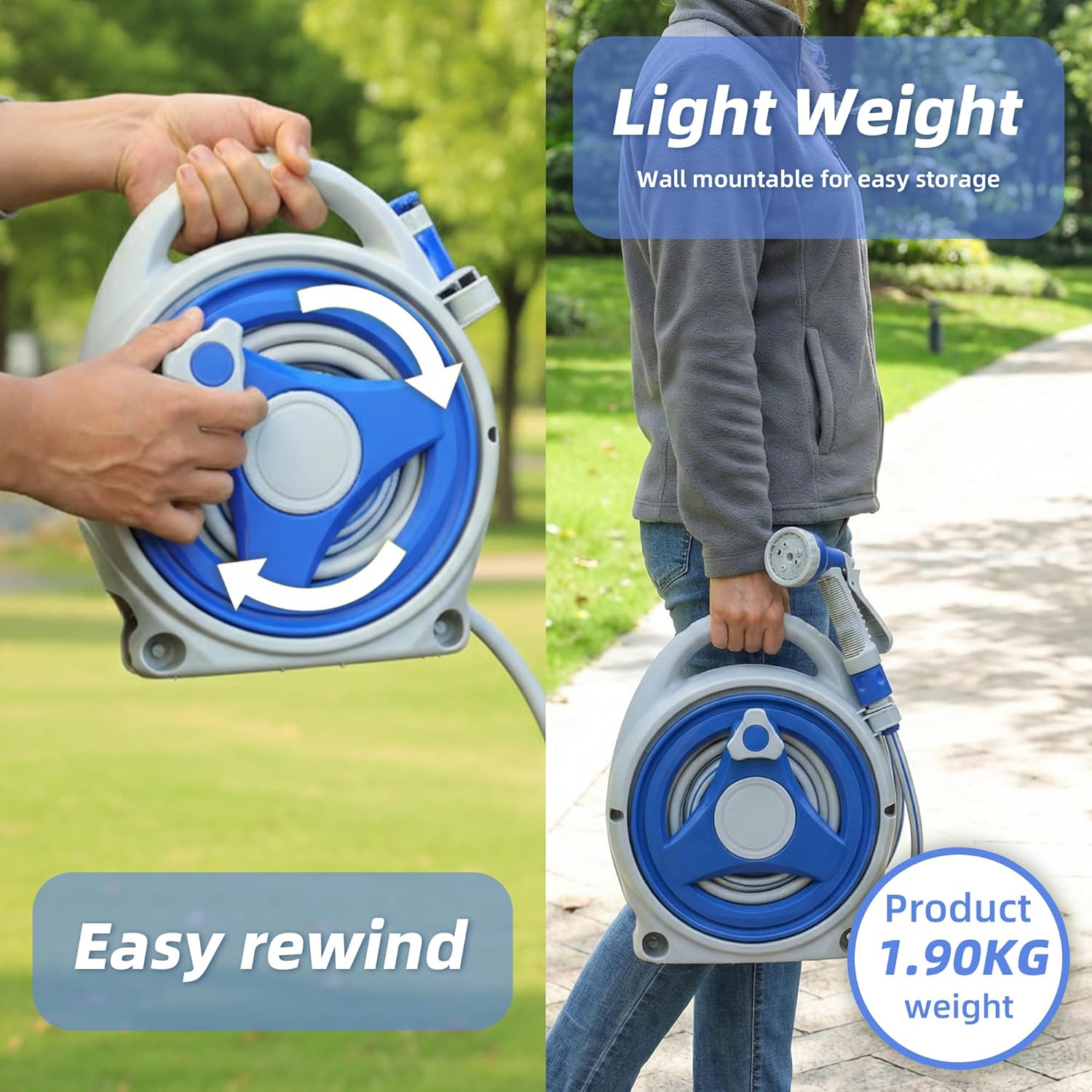 15M Garden Hose Reel 13m Water Pipe 2m Leader 8 Adjustable Spray Gun Nozzles