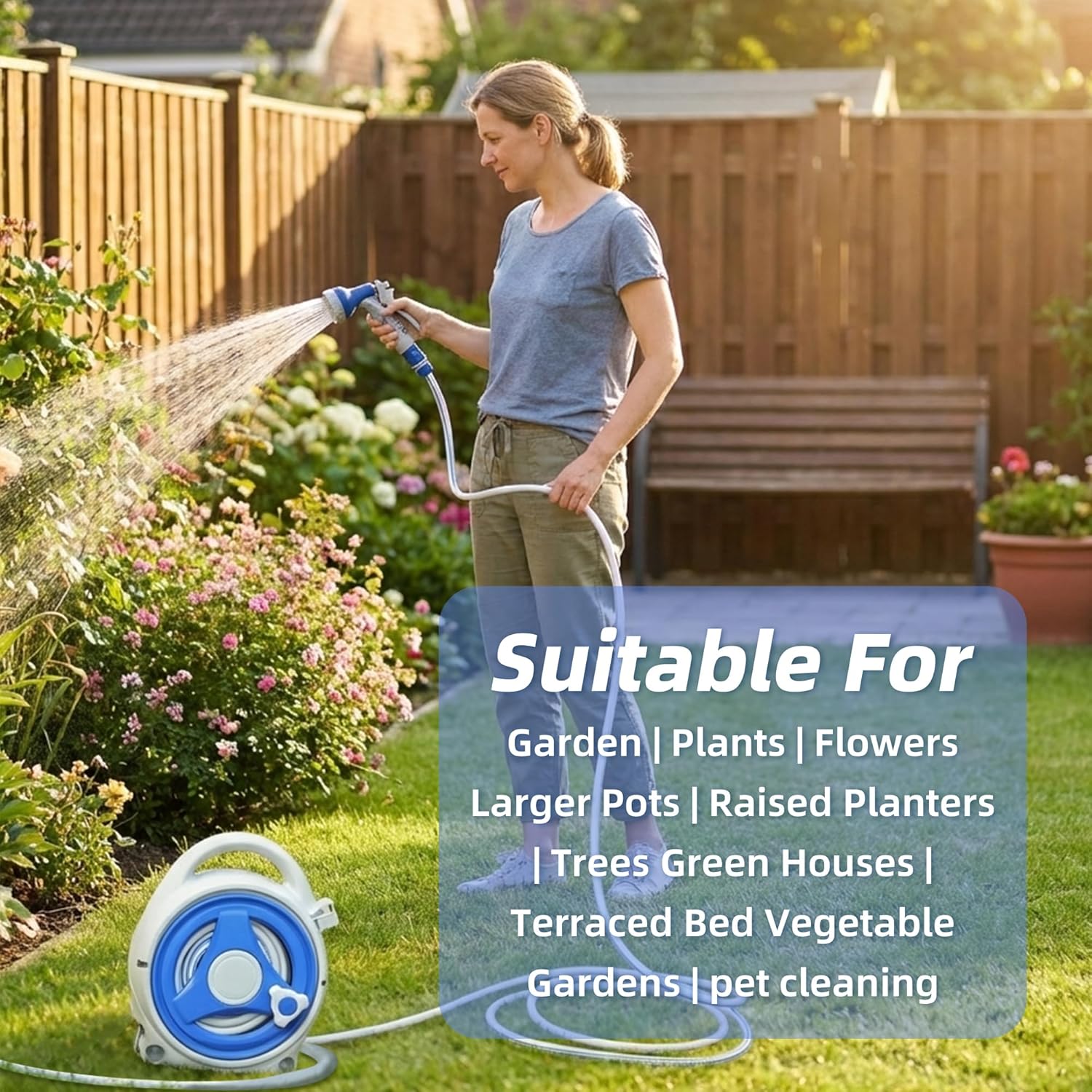 15M Garden Hose Reel 13m Water Pipe 2m Leader 8 Adjustable Spray Gun Nozzles