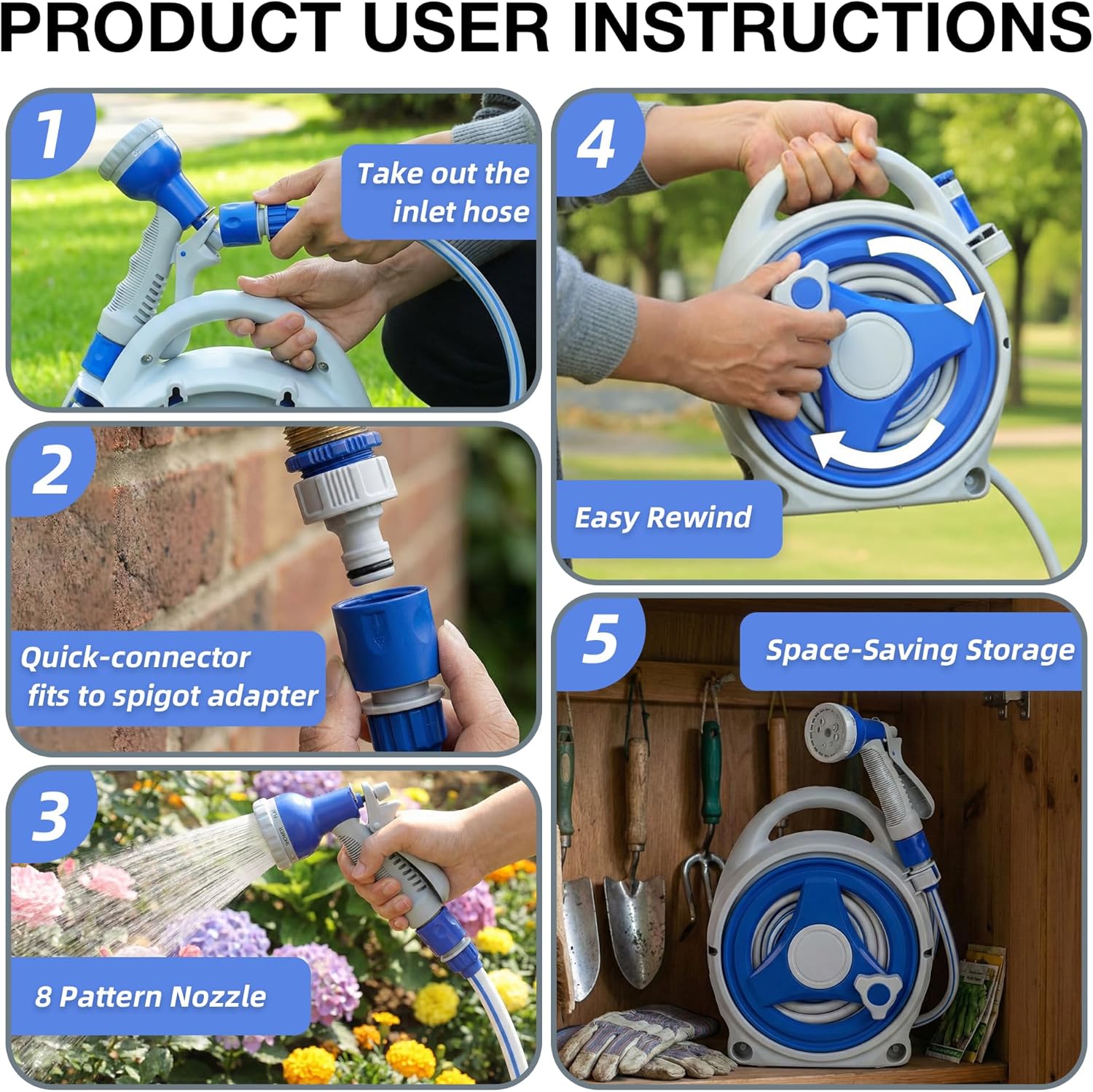 15M Garden Hose Reel 13m Water Pipe 2m Leader 8 Adjustable Spray Gun Nozzles