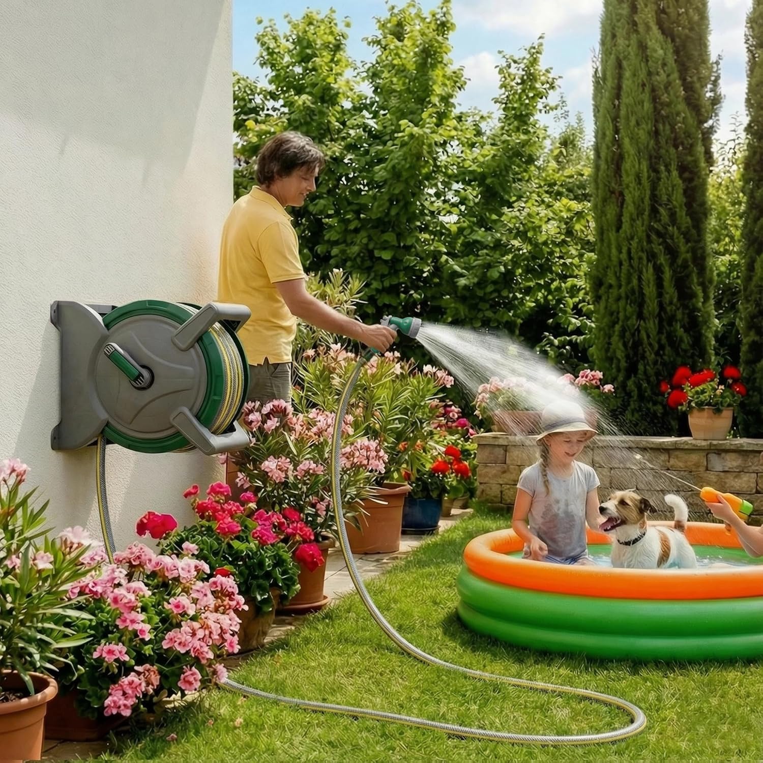 30M Garden Hosepipe Hose Reel Floor Standing Wall Mounted Spray Gun Pipe