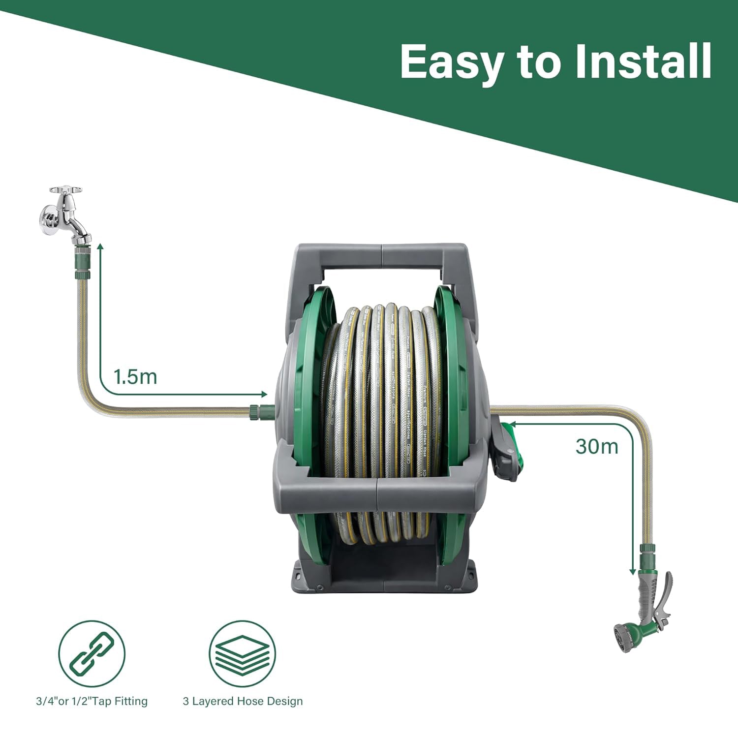 30M Garden Hosepipe Hose Reel Floor Standing Wall Mounted Spray Gun Pipe