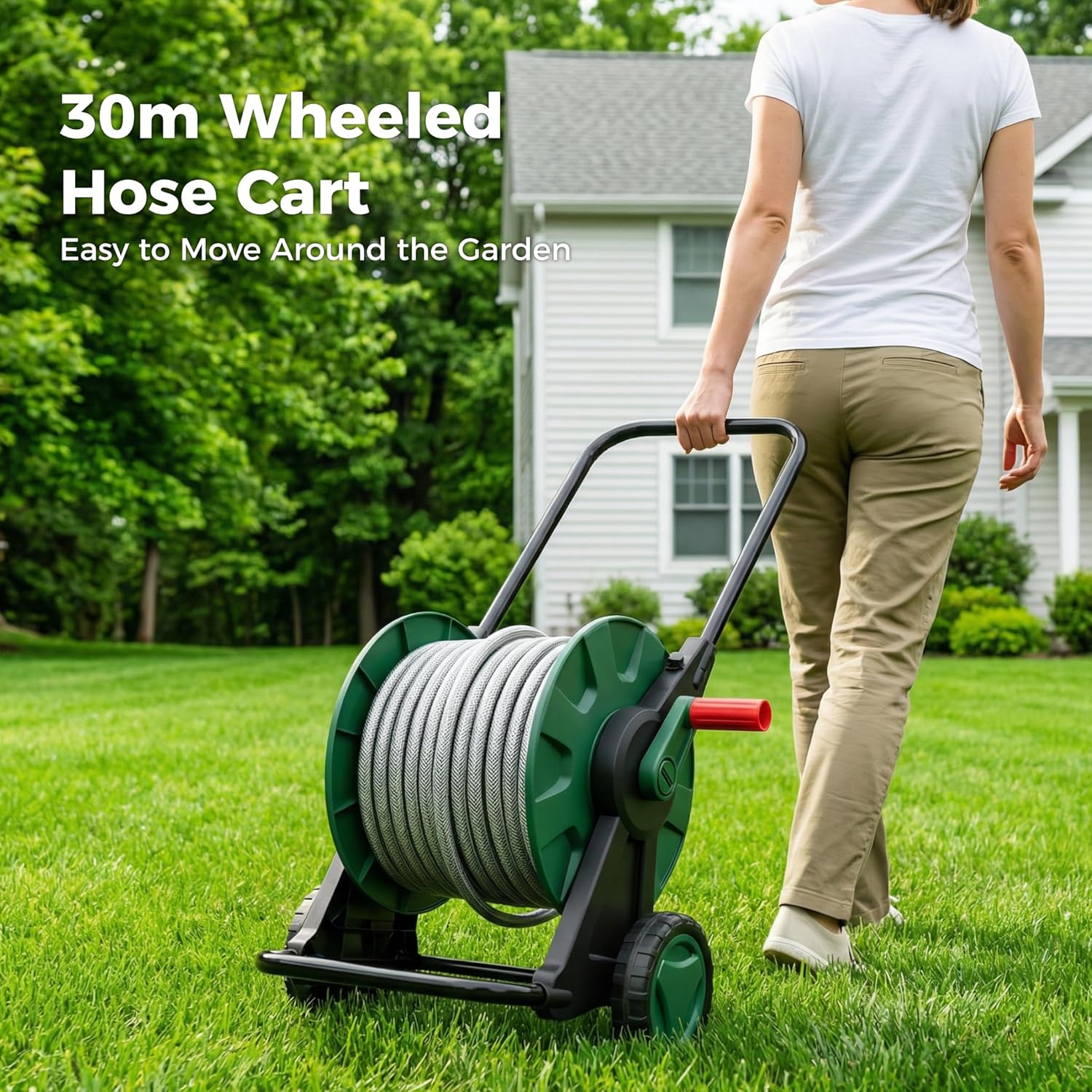 30M Garden Hose Reel Cart on Wheels Water Pipe Rewind Handle Trolley Spray Gun