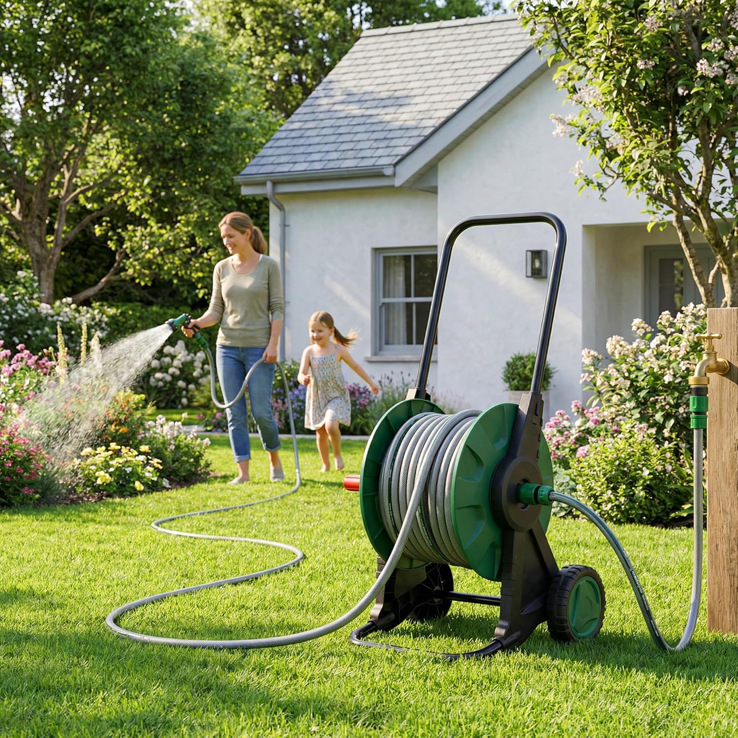 30M Garden Hose Reel Cart on Wheels Water Pipe Rewind Handle Trolley Spray Gun