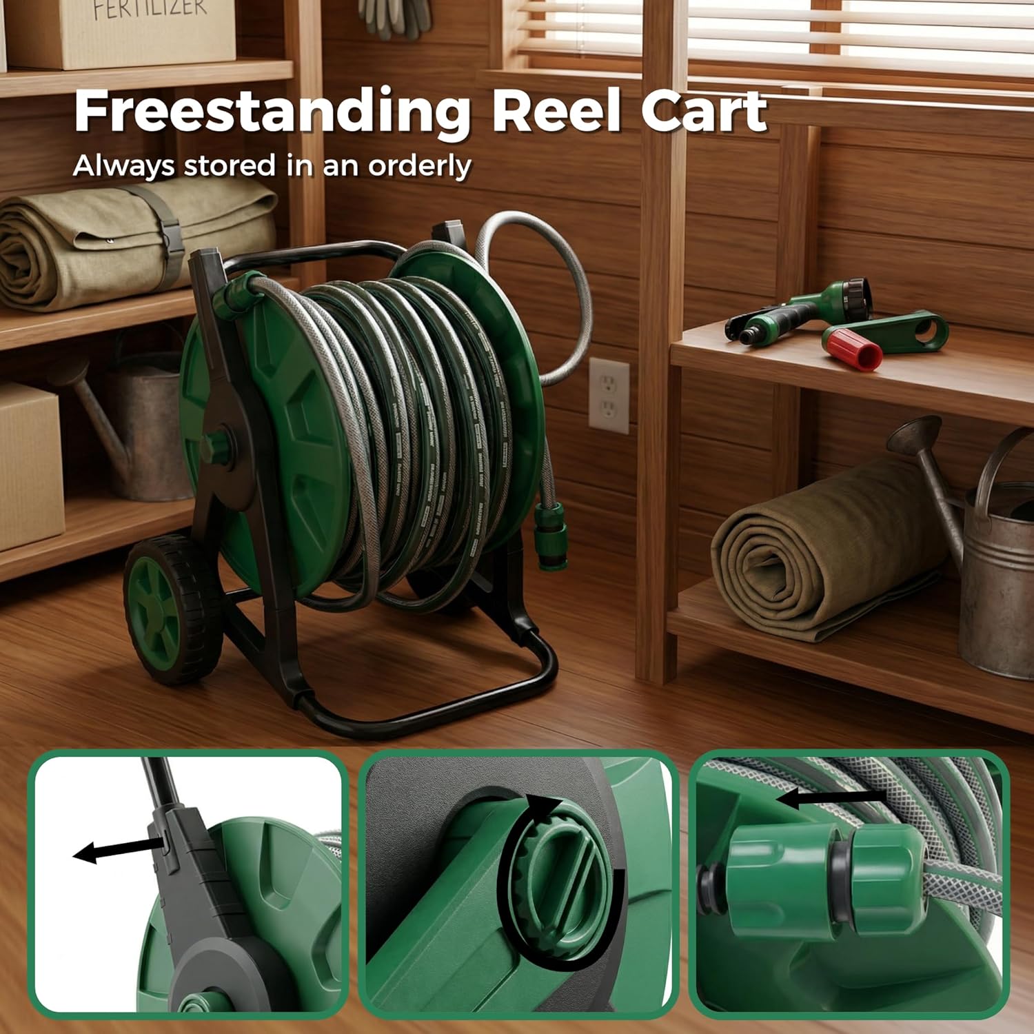 30M Garden Hose Reel Cart on Wheels Water Pipe Rewind Handle Trolley Spray Gun