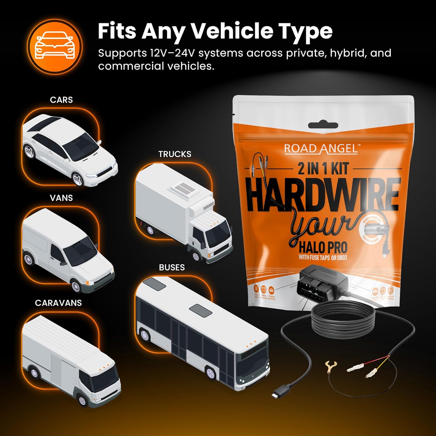 Road Angel Halo 12V Hardwire Dash Cam 2-in-1 Hardwire Kit USB Type C & OBD 2