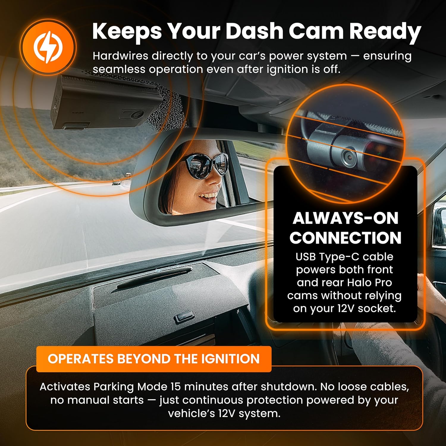 Road Angel Halo 12V Hardwire Dash Cam 2-in-1 Hardwire Kit USB Type C & OBD 2
