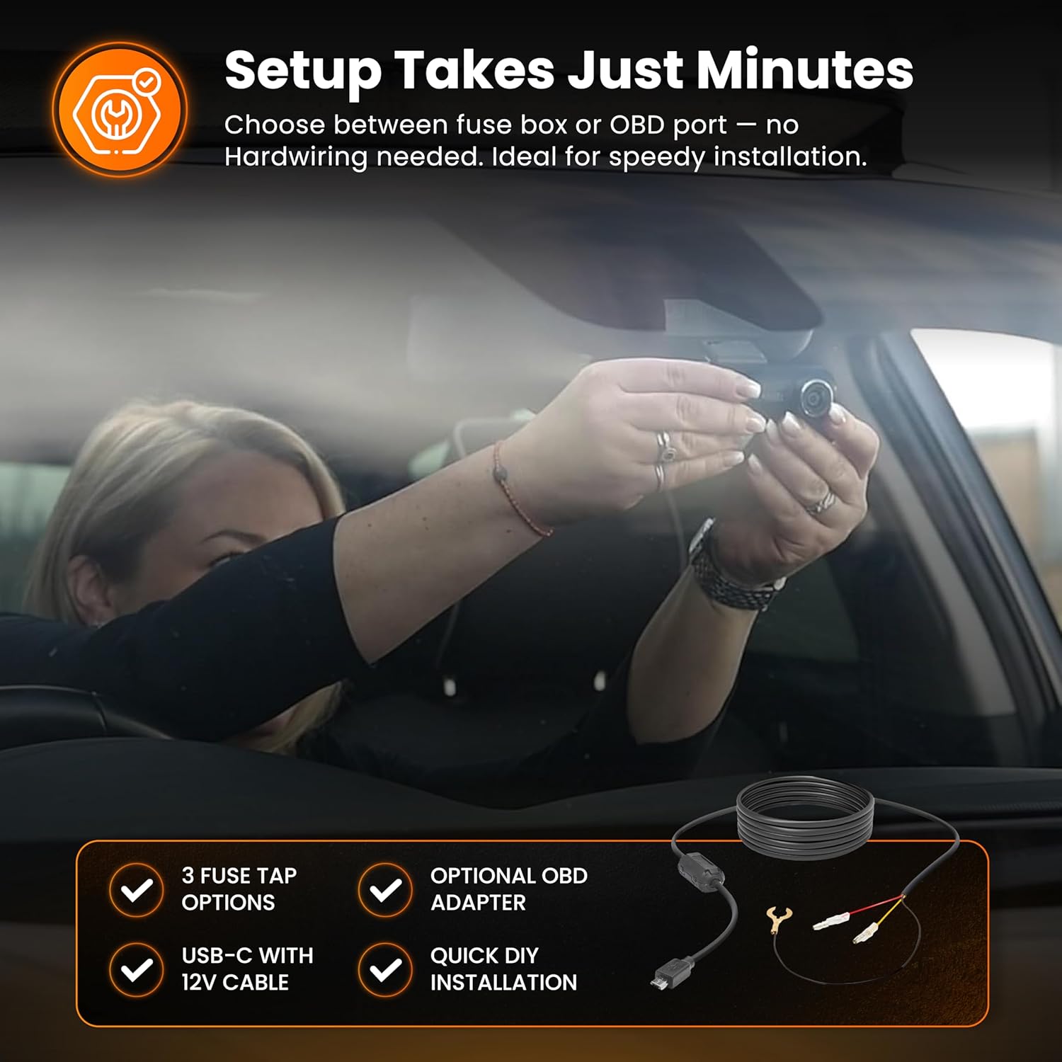 Road Angel Halo 12V Hardwire Dash Cam 2-in-1 Hardwire Kit USB Type C & OBD 2