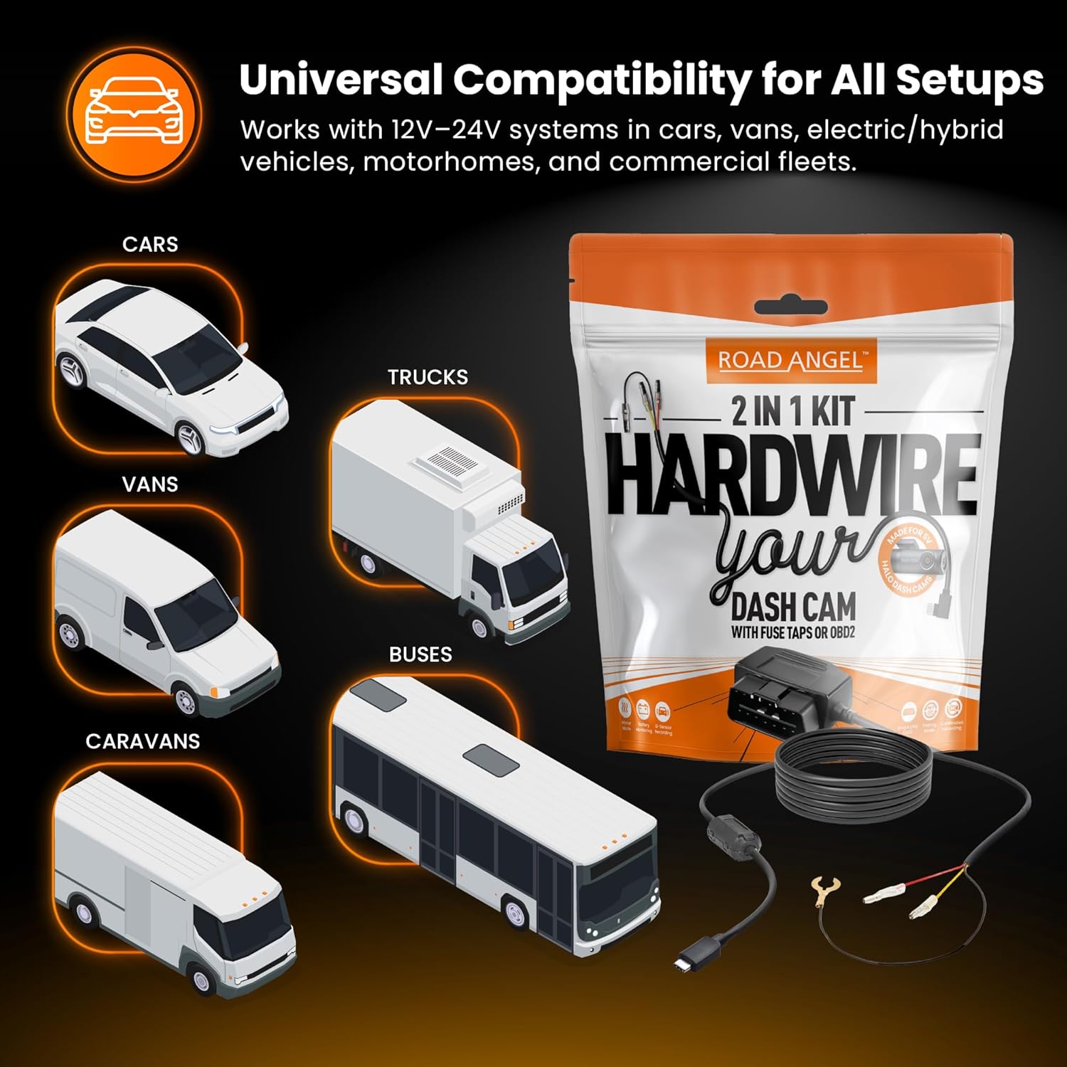 Road Angel Halo 5V Hardwire Dash Cam 2-in-1 Hardwire Kit USB Type C & OBD 2