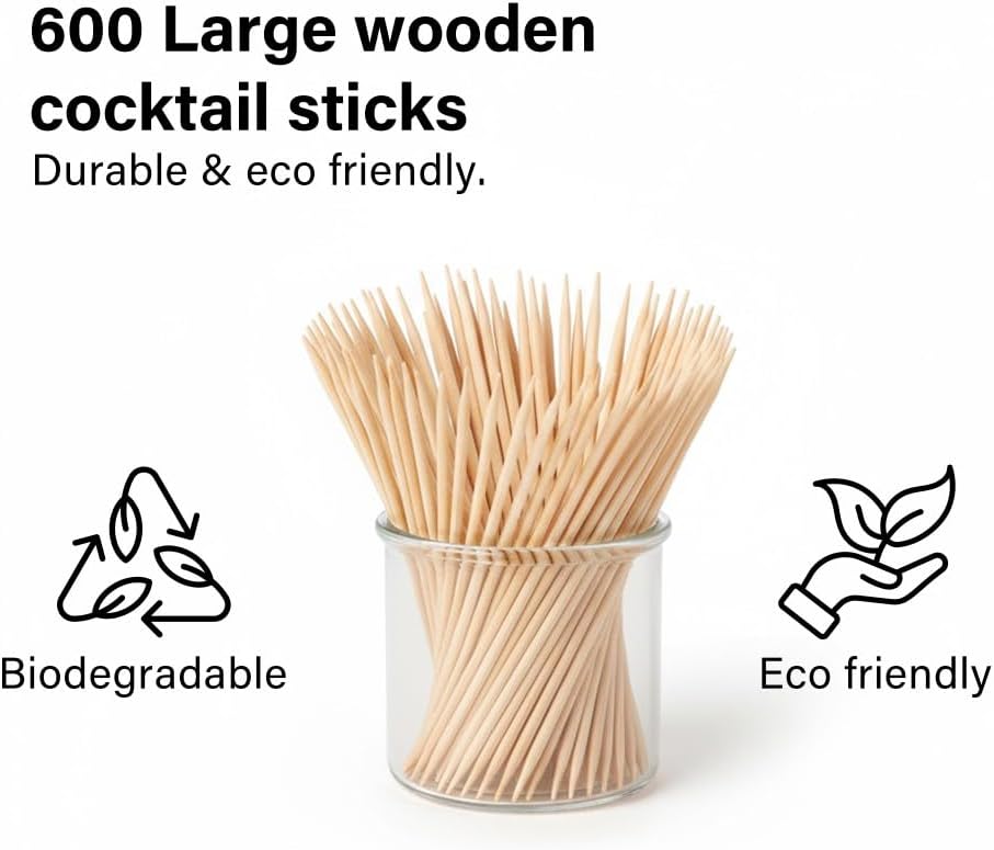 4 x 150pc Cocktail Sticks Large Wooden Eco Friendly Biodegradable Durable Wood