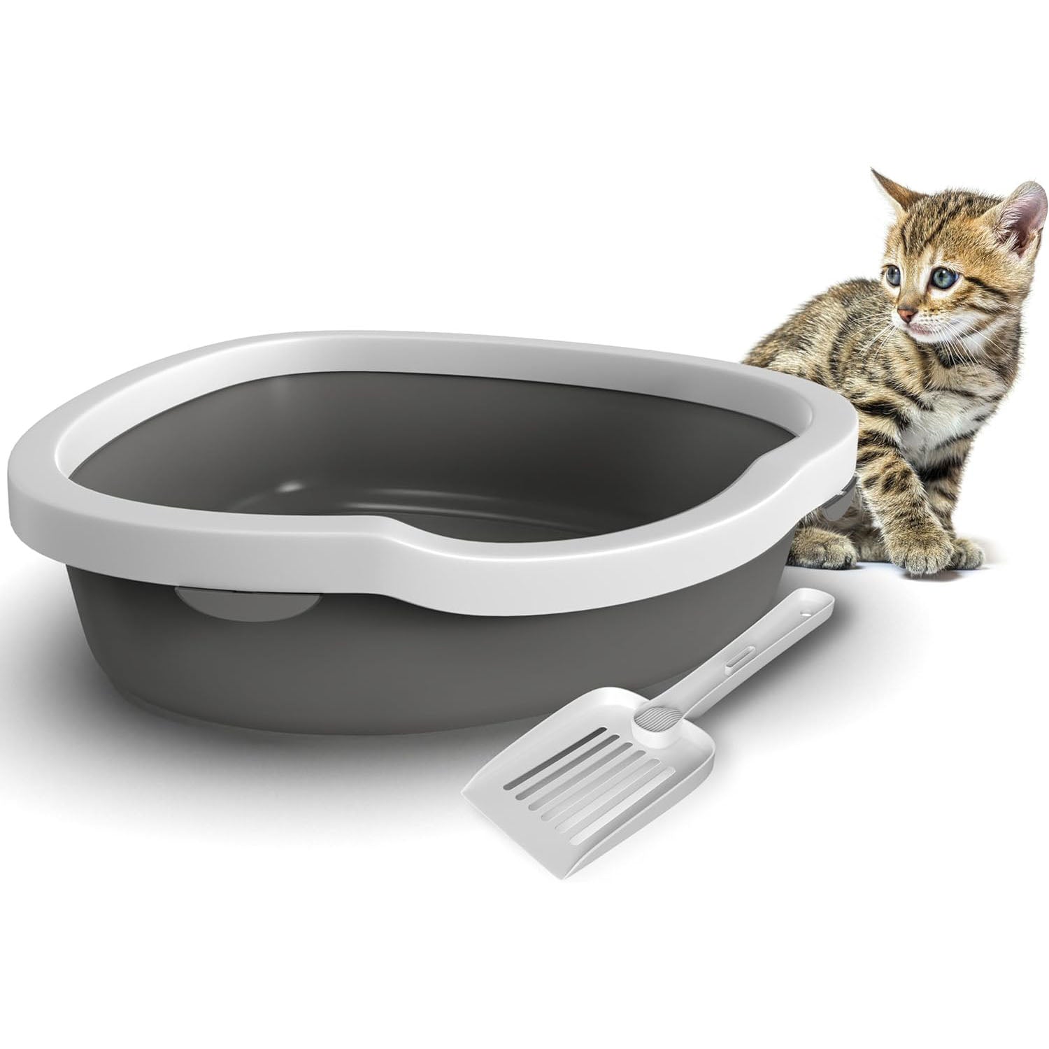 Corner Cat Litter Tray with Cleaning Scoop High Sided Rounded Corners Anti-Spill