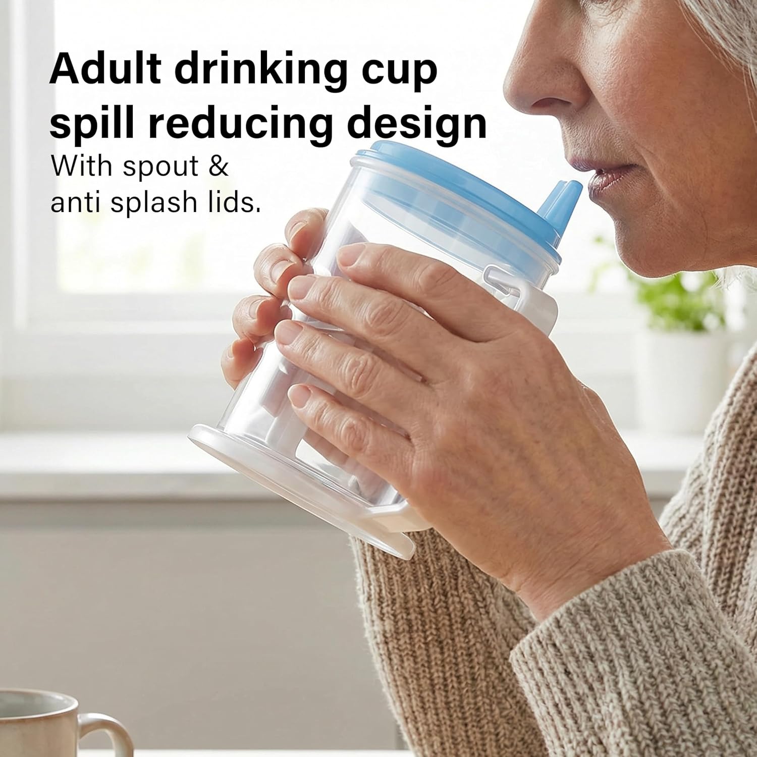 Spill Proof Adult Drinking Cup Anti Splash Lid Handles Hot & Cold Drinks 300ml