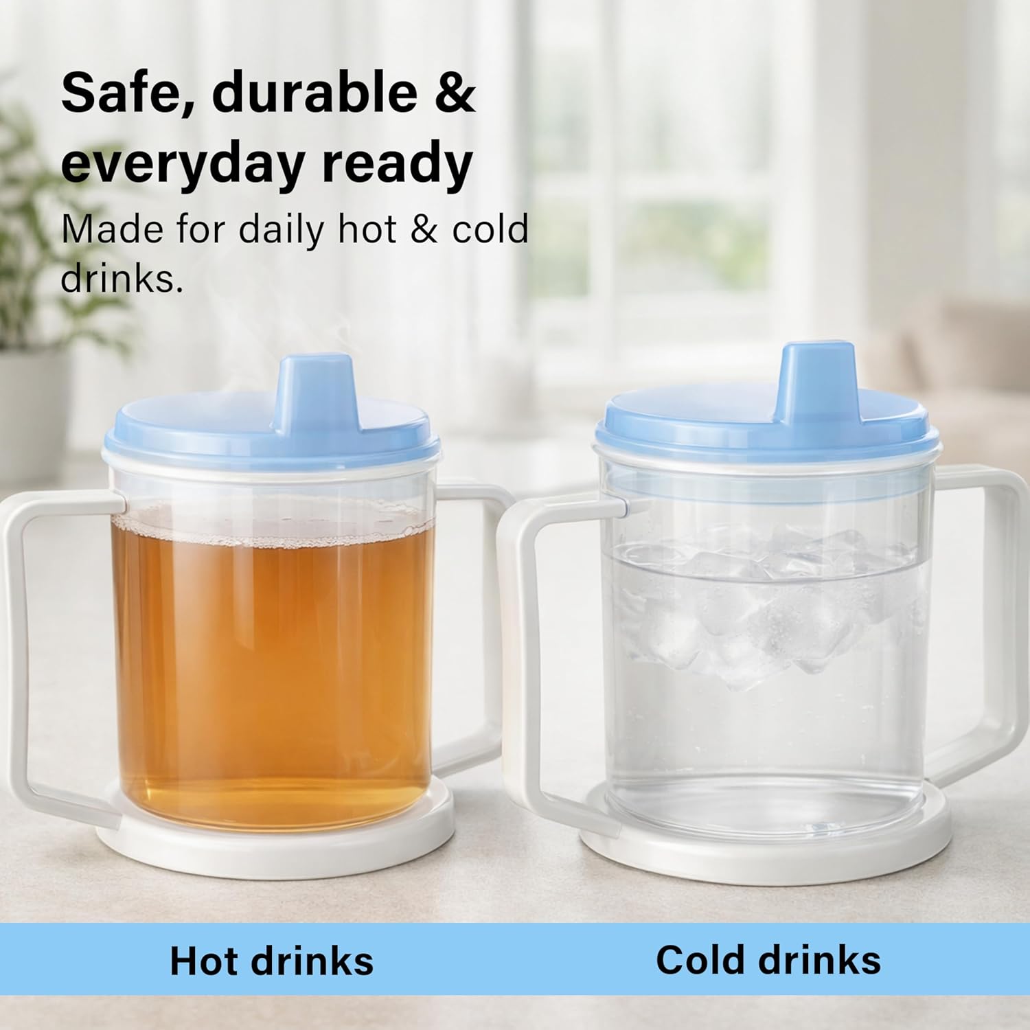 Spill Proof Adult Drinking Cup Anti Splash Lid Handles Hot & Cold Drinks 300ml