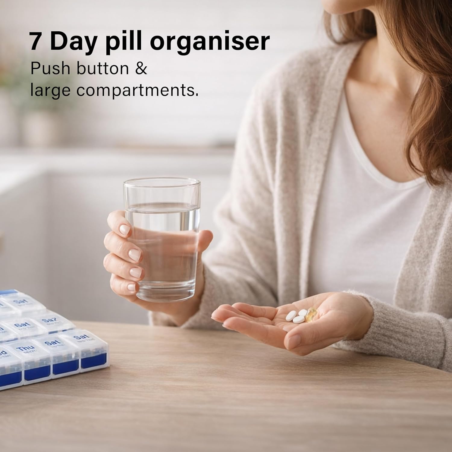 7 Day Pill Organizer Push Button Box Large Compartments Compact Spill-Proof Home