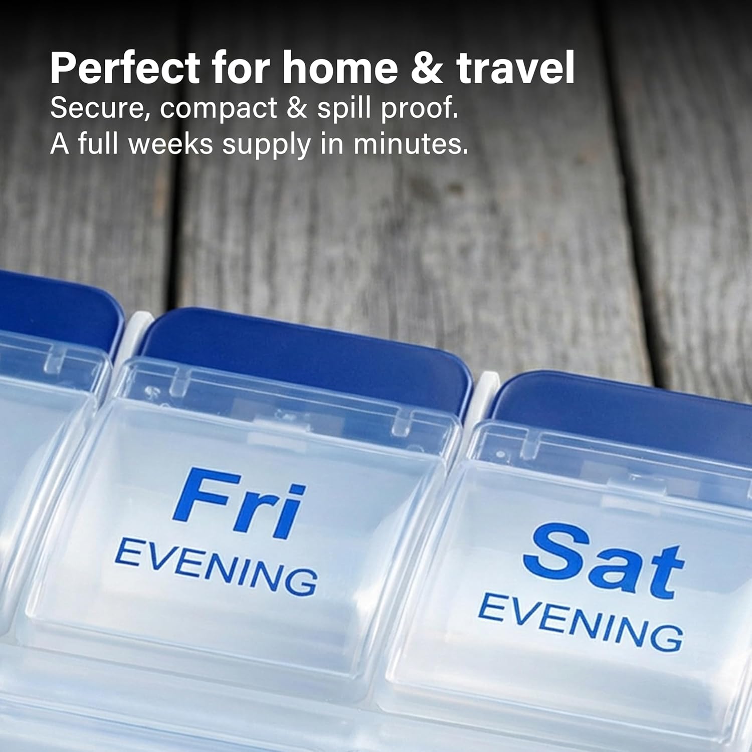 7 Day Pill Organizer Push Button Box Large Compartments Compact Spill-Proof Home