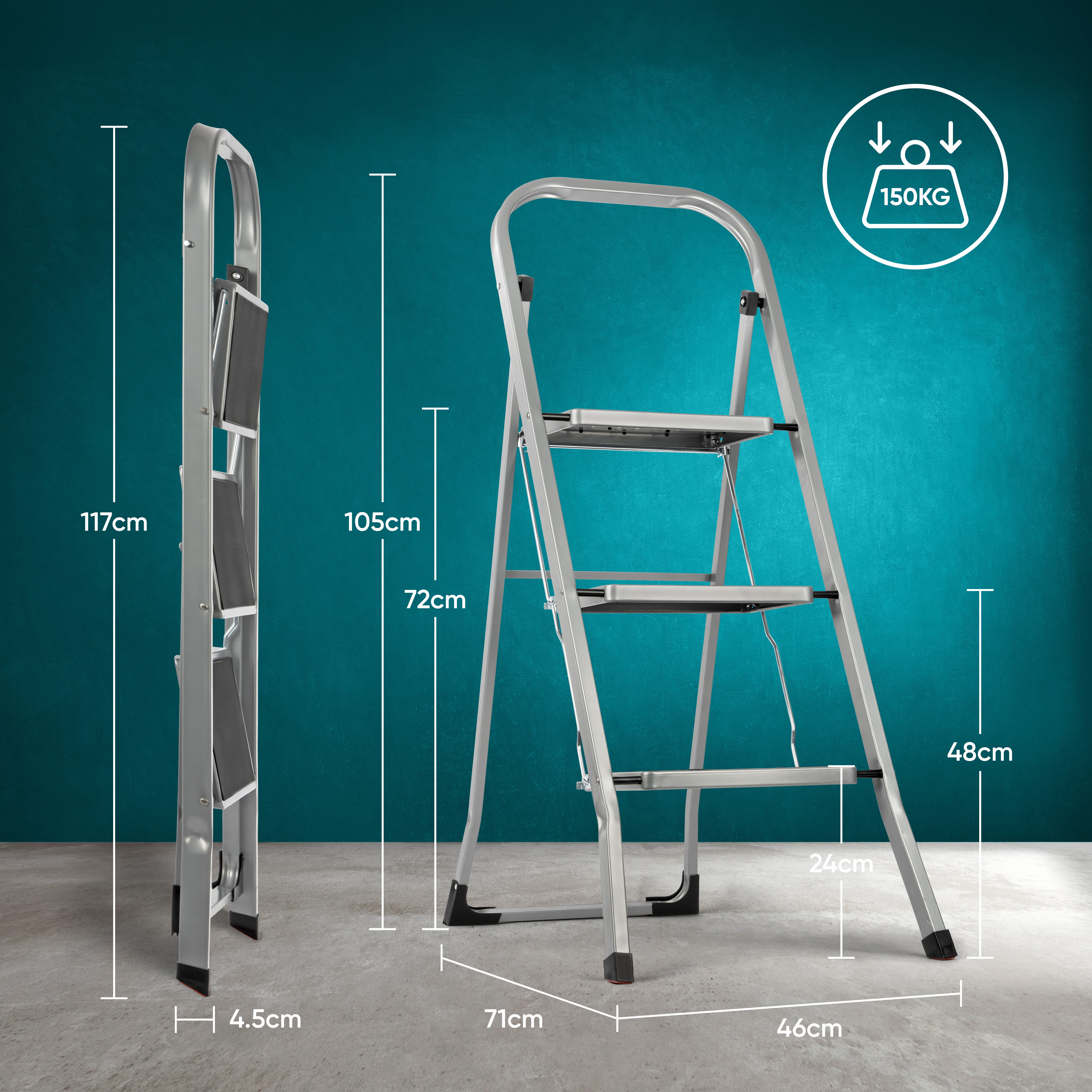 3 Step Ladder Portable Compact Folding Metal Non Slip Stool Heavy Duty Steel