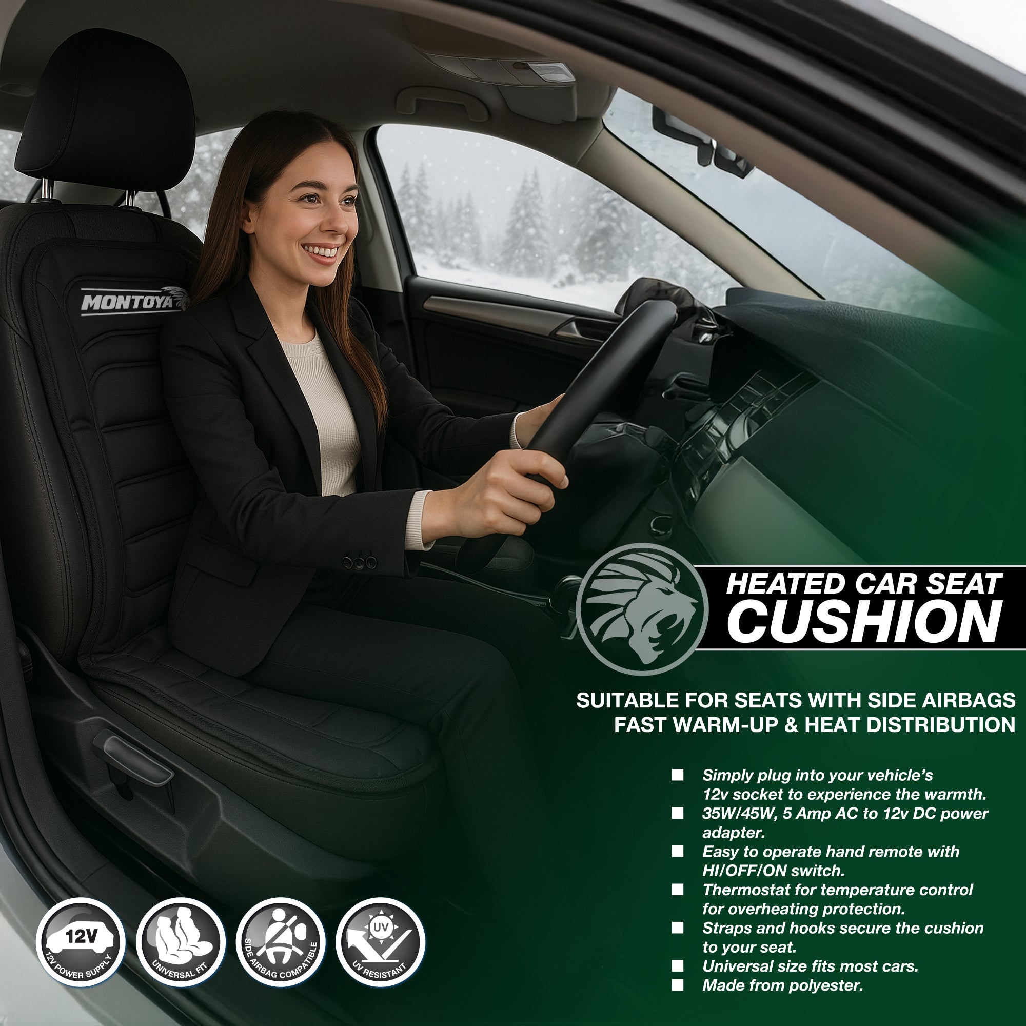Heated Car Seat Cushion 12V Fast Heating Remote Overheat Protection Universal