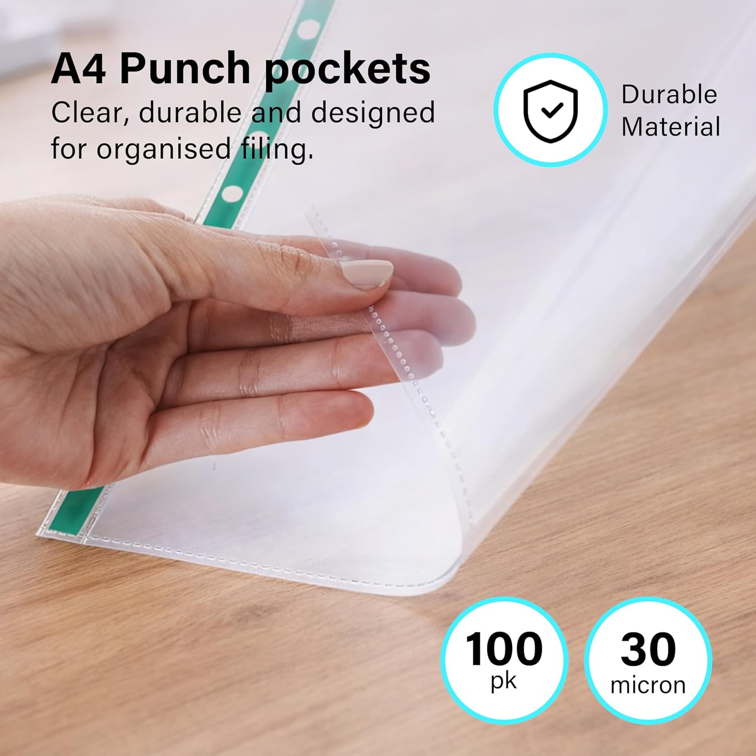 100 A4 Punch Pockets Clear Durable PP Material Water Resistant Document Sleeves