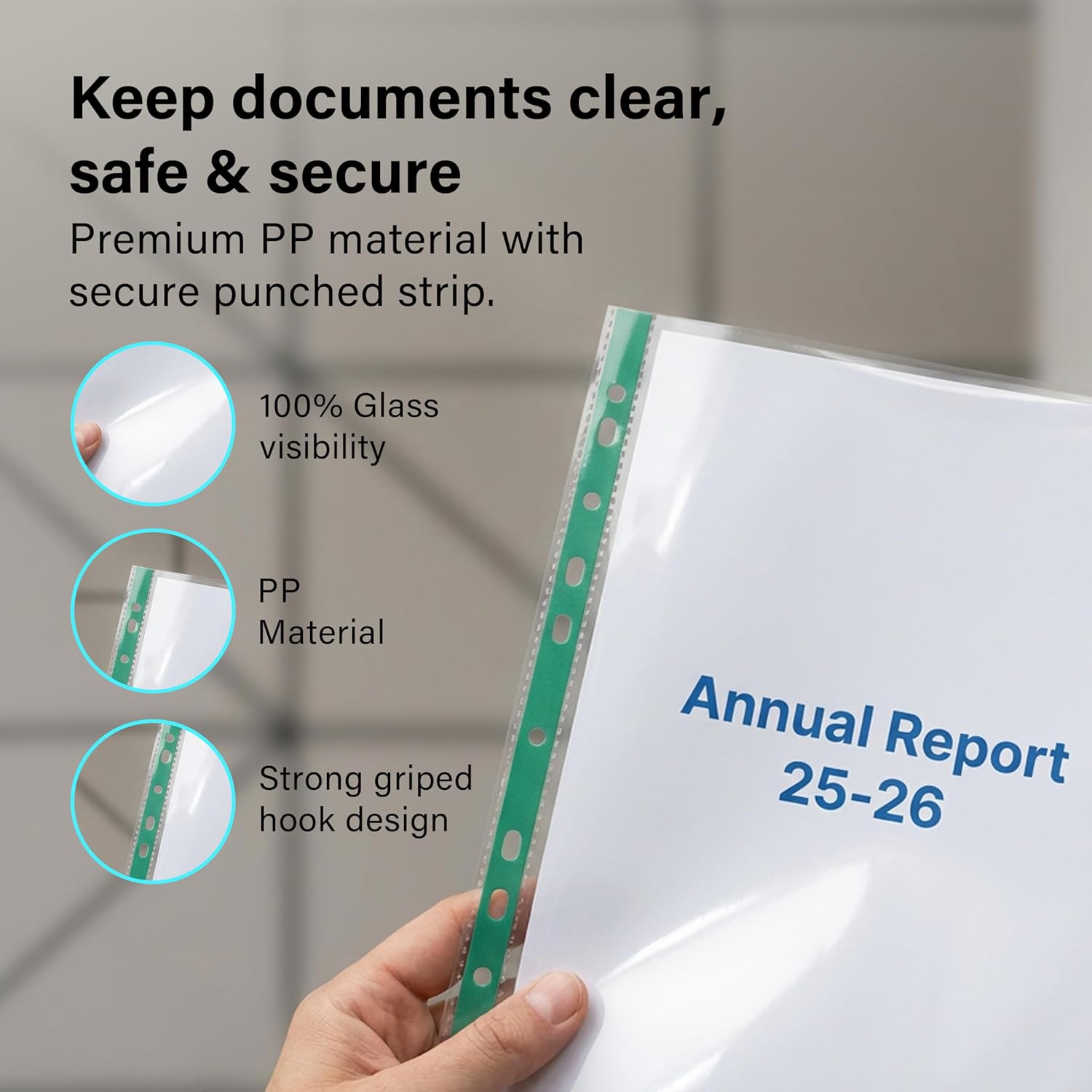 100 A4 Punch Pockets Clear Durable PP Material Water Resistant Document Sleeves