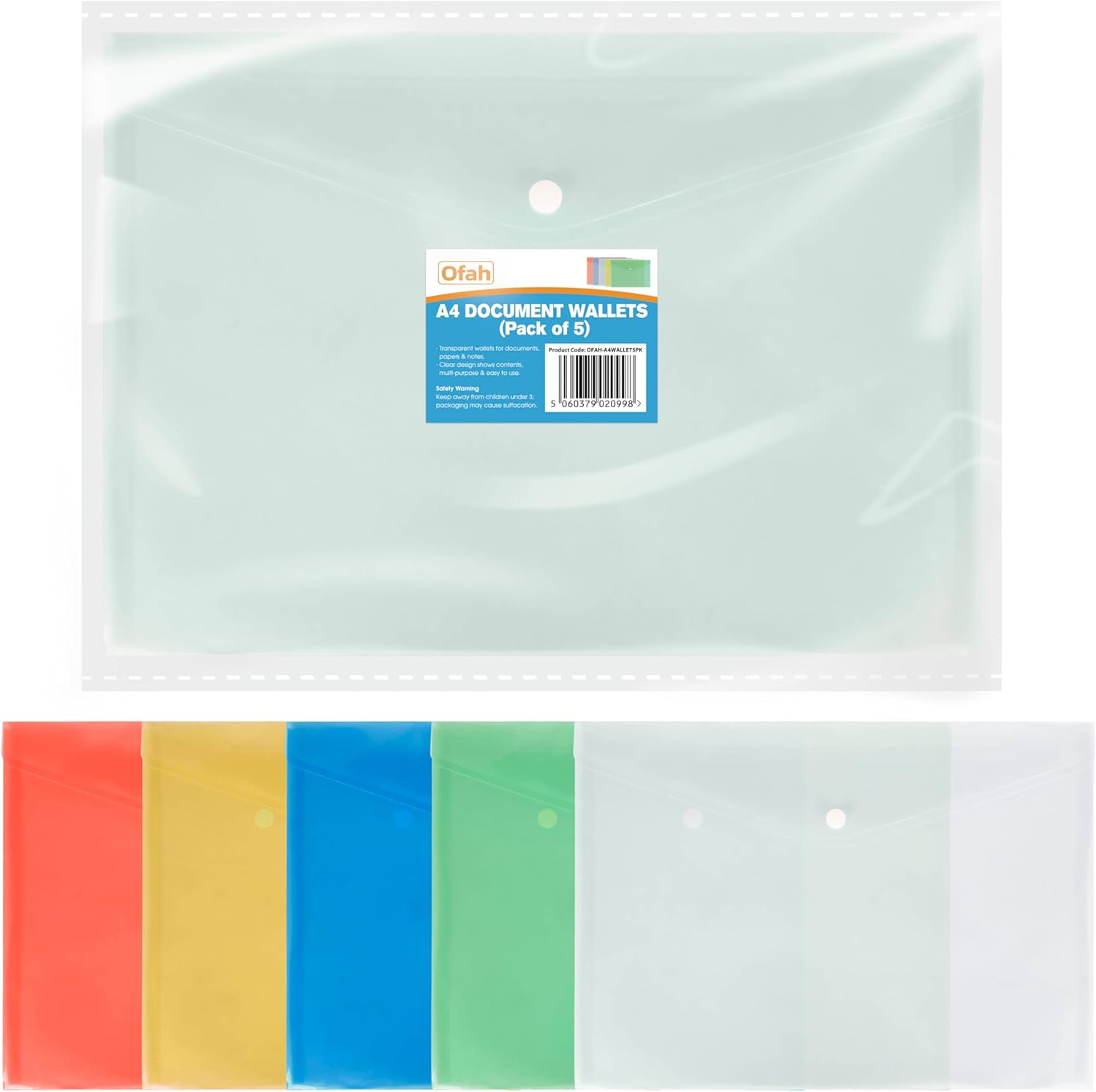 5 Pack A4 Document Wallets with Button Closure Transparent Plastic File Folder