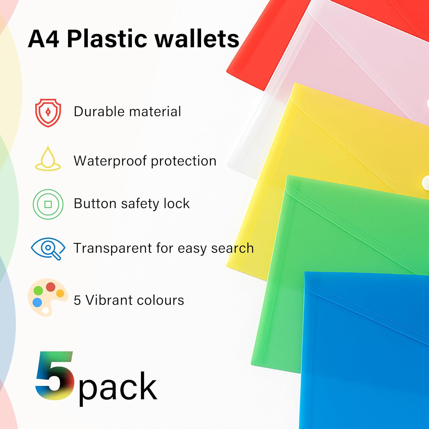 5 Pack A4 Document Wallets with Button Closure Transparent Plastic File Folder
