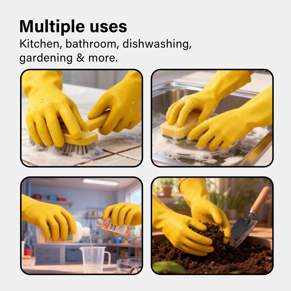 Household Gloves 4 Pairs Strong Non Slip Grip Reusable Rubber Gloves Size Large