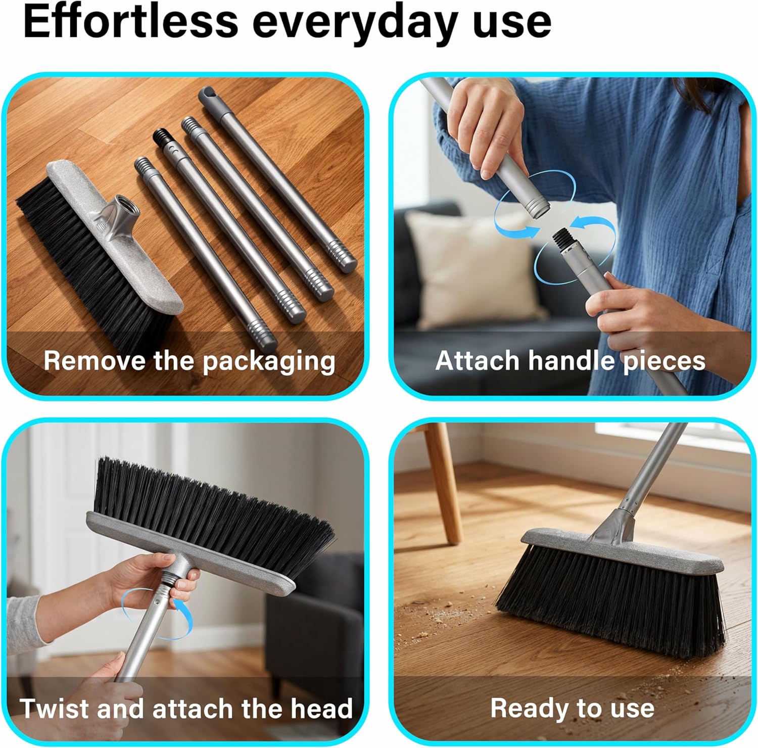 Indoor Cleaning Broom Soft Dust Catching Bristles Long Handle Floor Sweeping