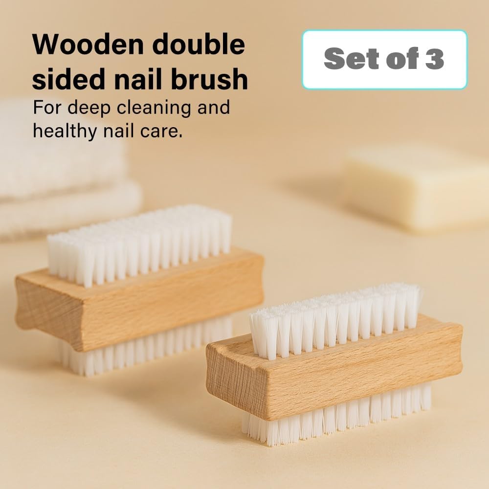 3pk Wooden Nail Brush Set Double Sided Firm Bristles Manicure Pedicure Clean