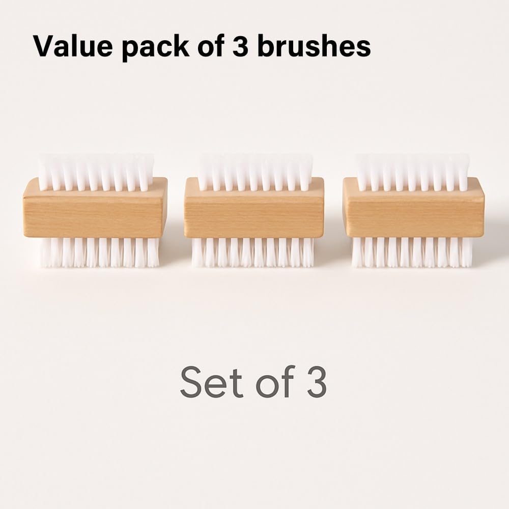 3pk Wooden Nail Brush Set Double Sided Firm Bristles Manicure Pedicure Clean