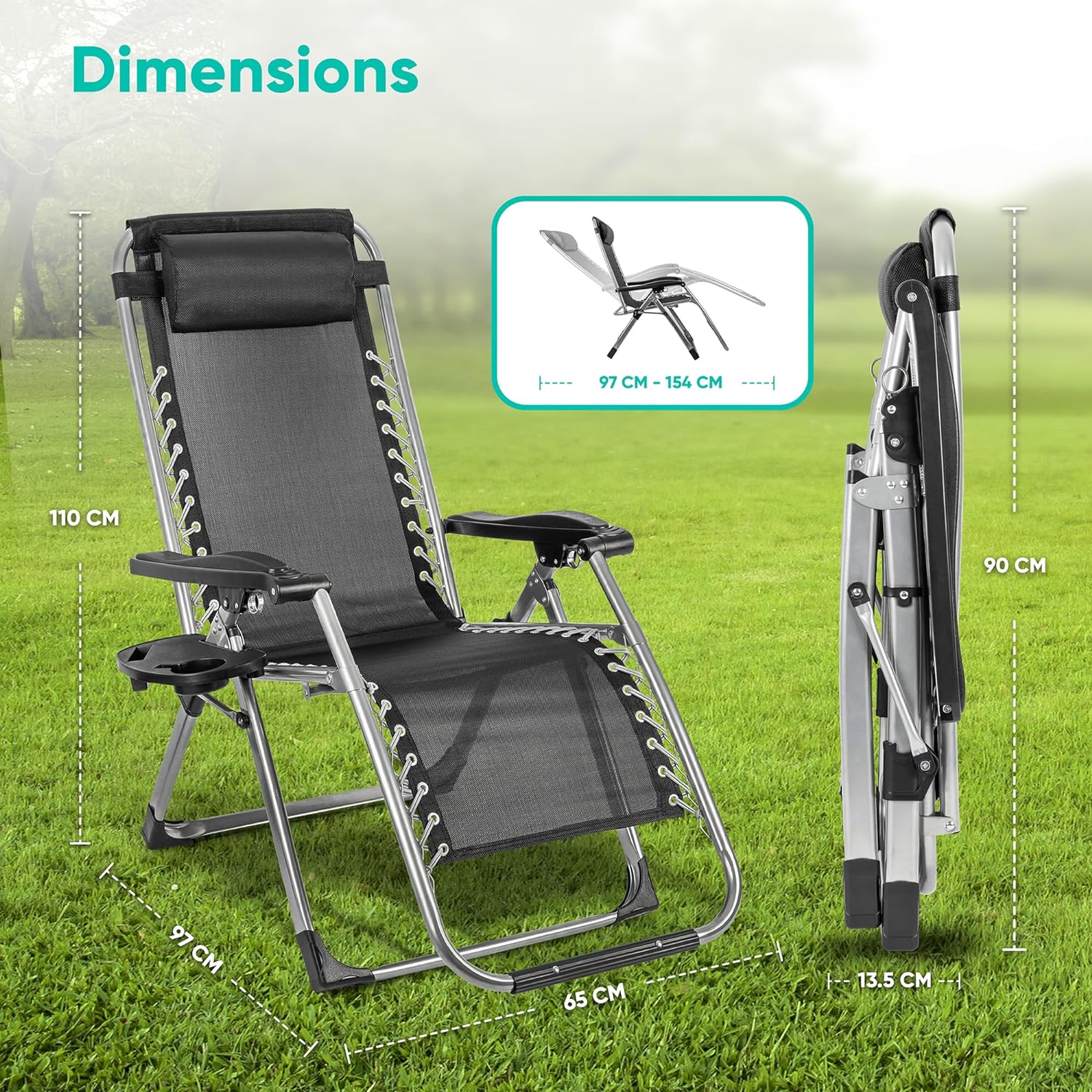 Reclining Zero Gravity Chair With Cushion & Armrest Table Outdoor Garden Lounger