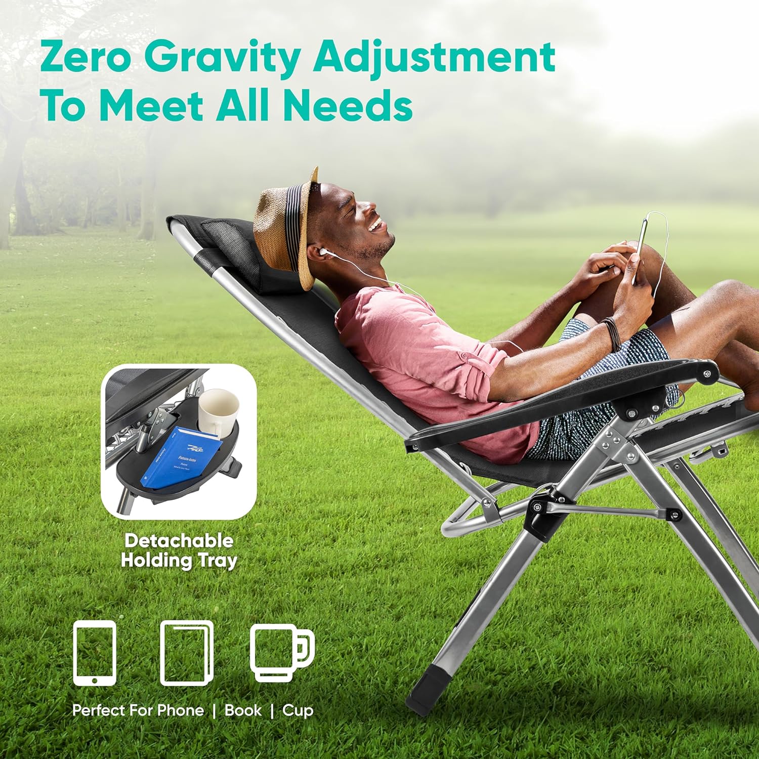 Reclining Zero Gravity Chair With Cushion & Armrest Table Outdoor Garden Lounger