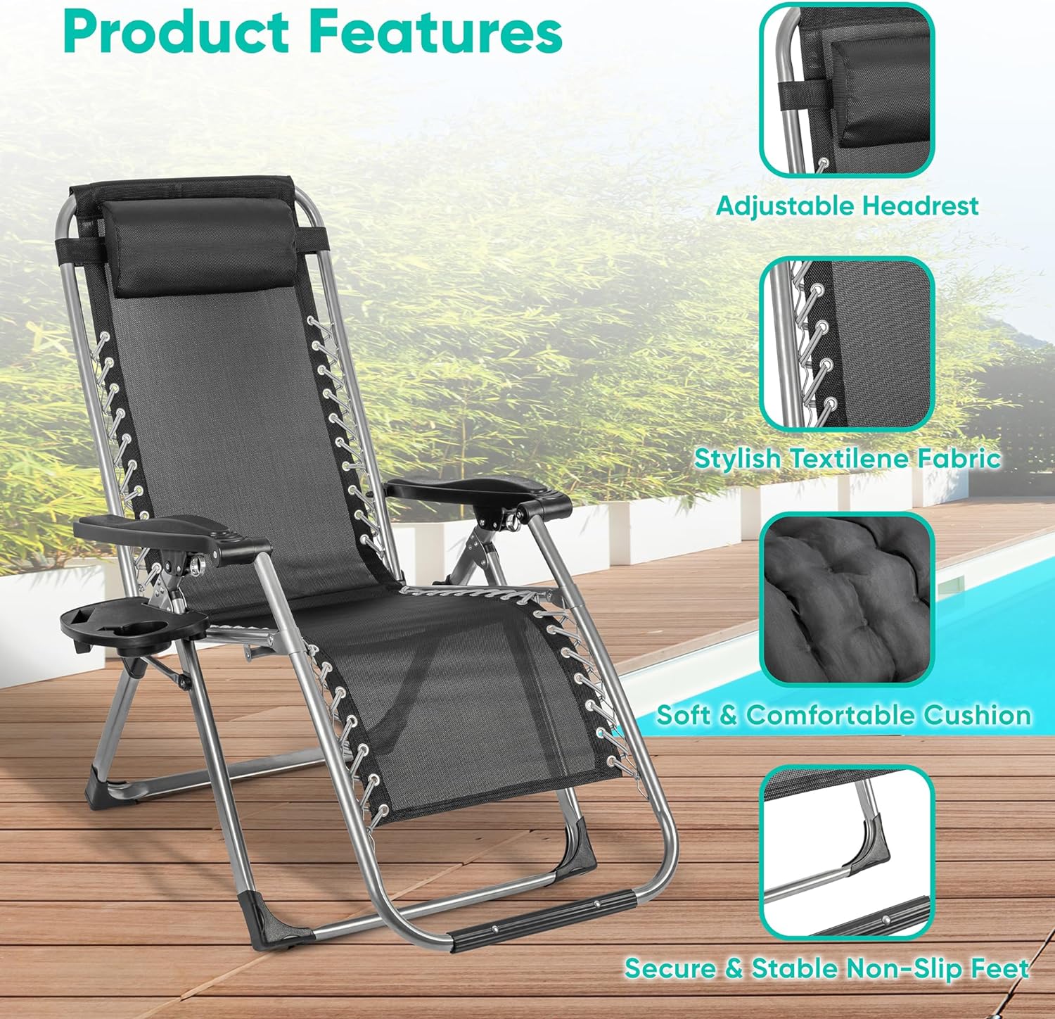 Reclining Zero Gravity Chair With Cushion & Armrest Table Outdoor Garden Lounger