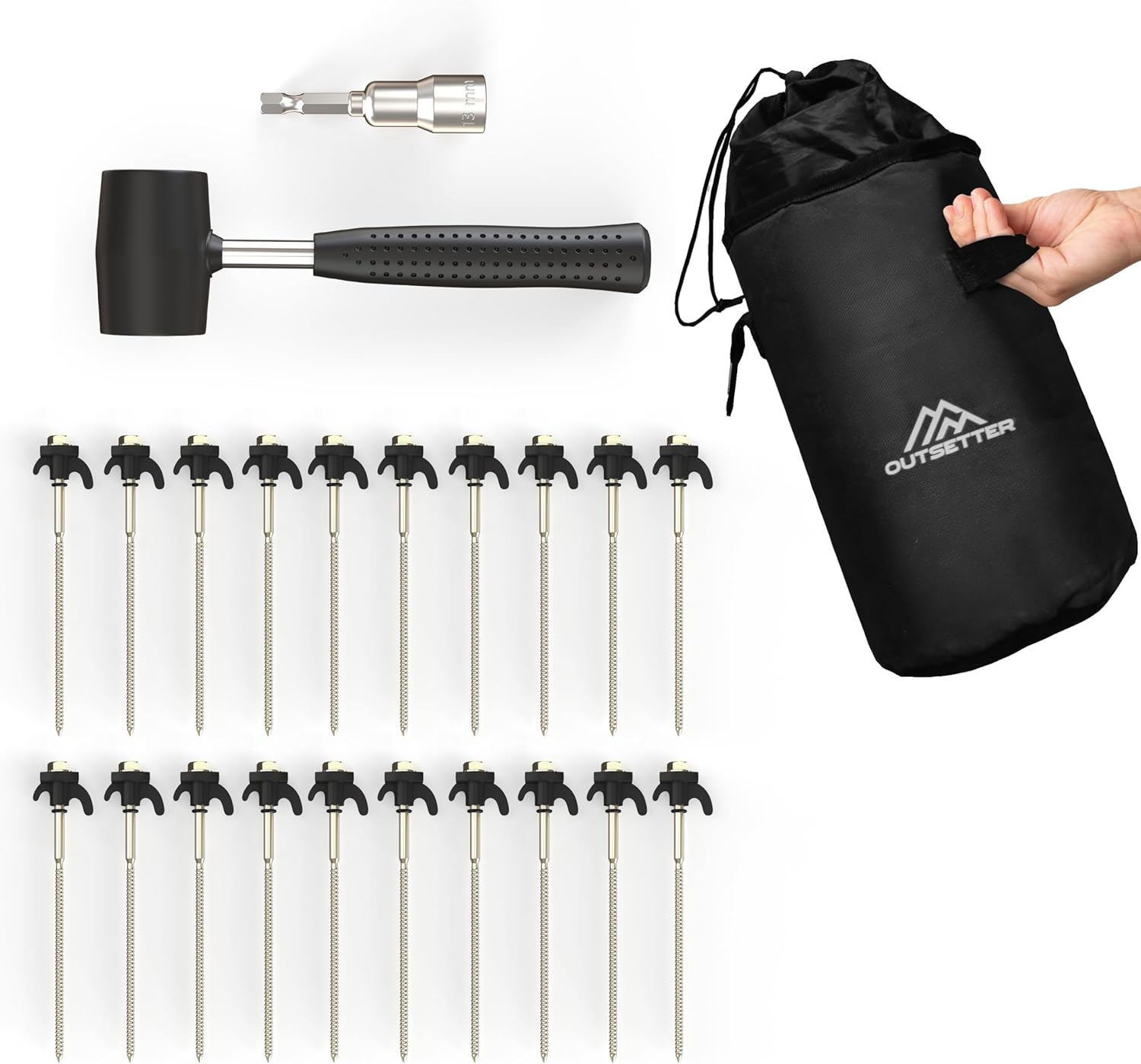 20x Tent Steel Pegs Rope Holder with Thread Mallet Bolt Adaptor Bag Gazebo Stake