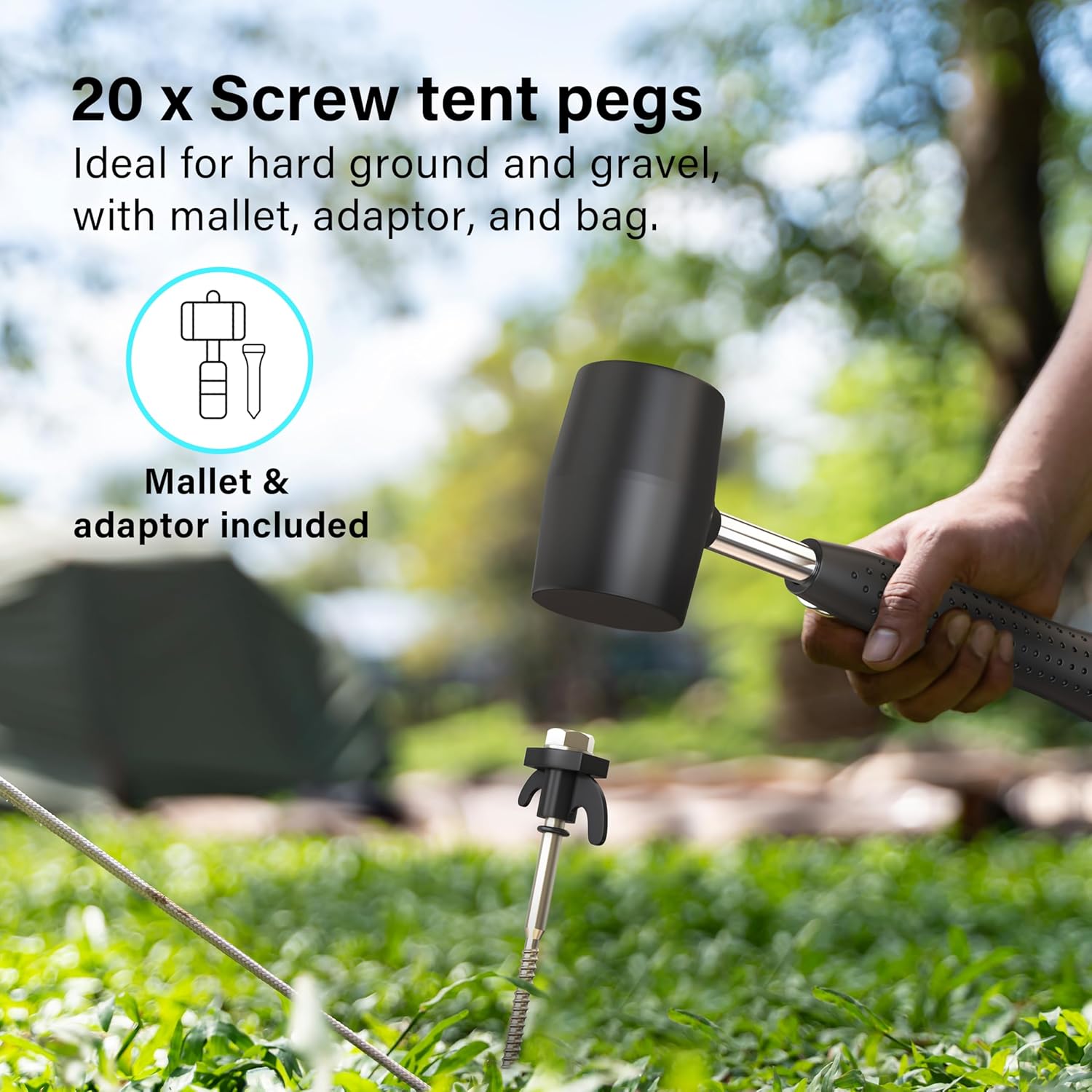 20x Tent Steel Pegs Rope Holder with Thread Mallet Bolt Adaptor Bag Gazebo Stake