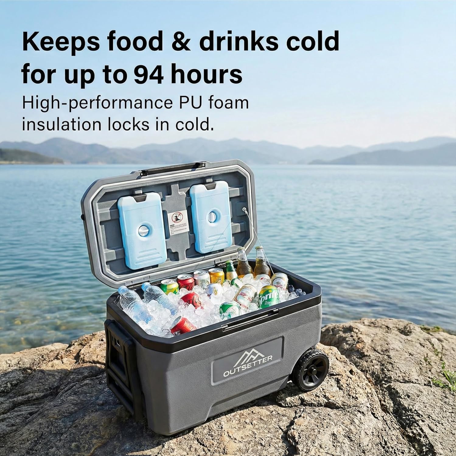 47/67L Cool Box with Ice Block Heavy-Duty Insulated Hard Cooler Handle Wheels